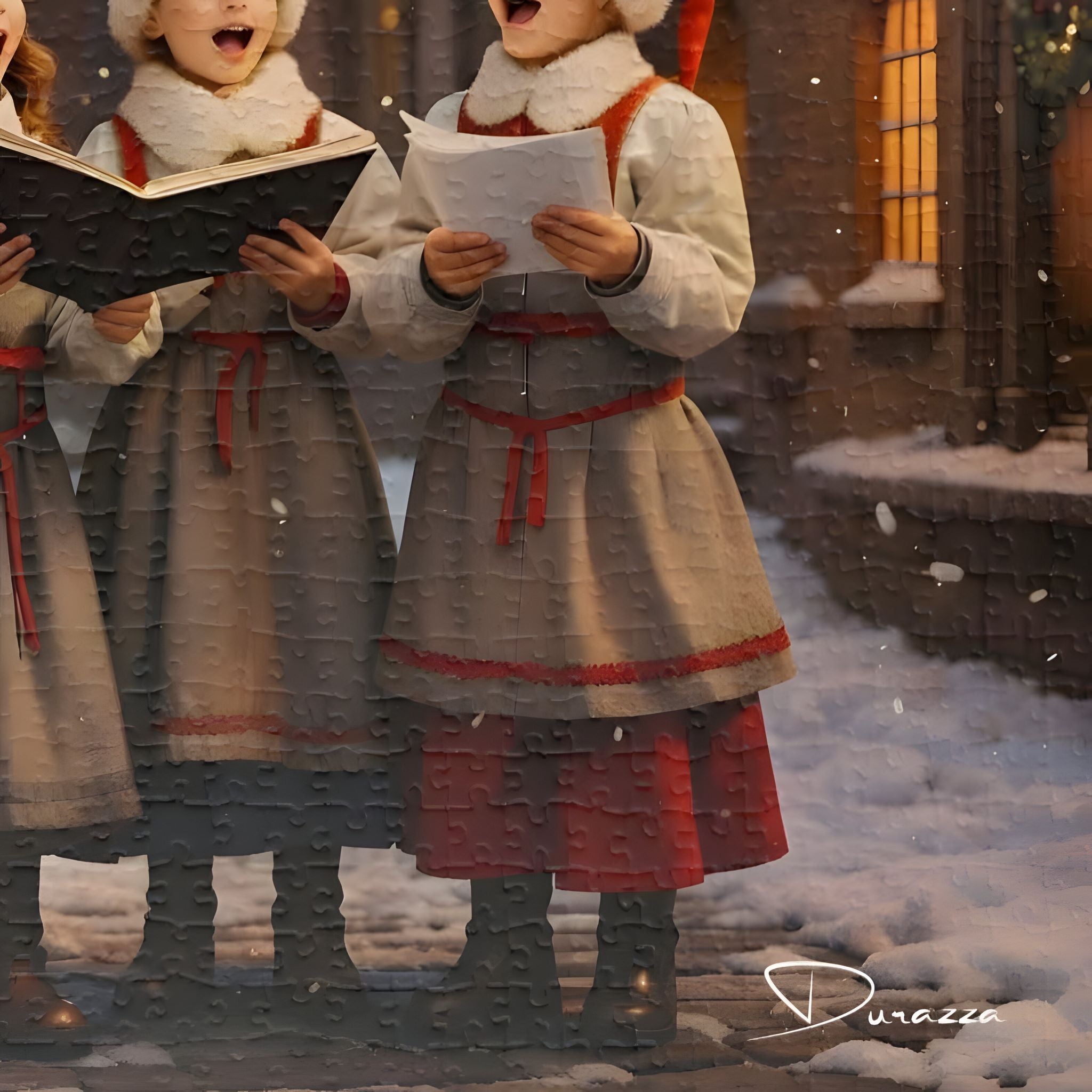 A jigsaw puzzle of a vintage winter scene of Christmas carolers singing in the snow, with a warm building in the background.