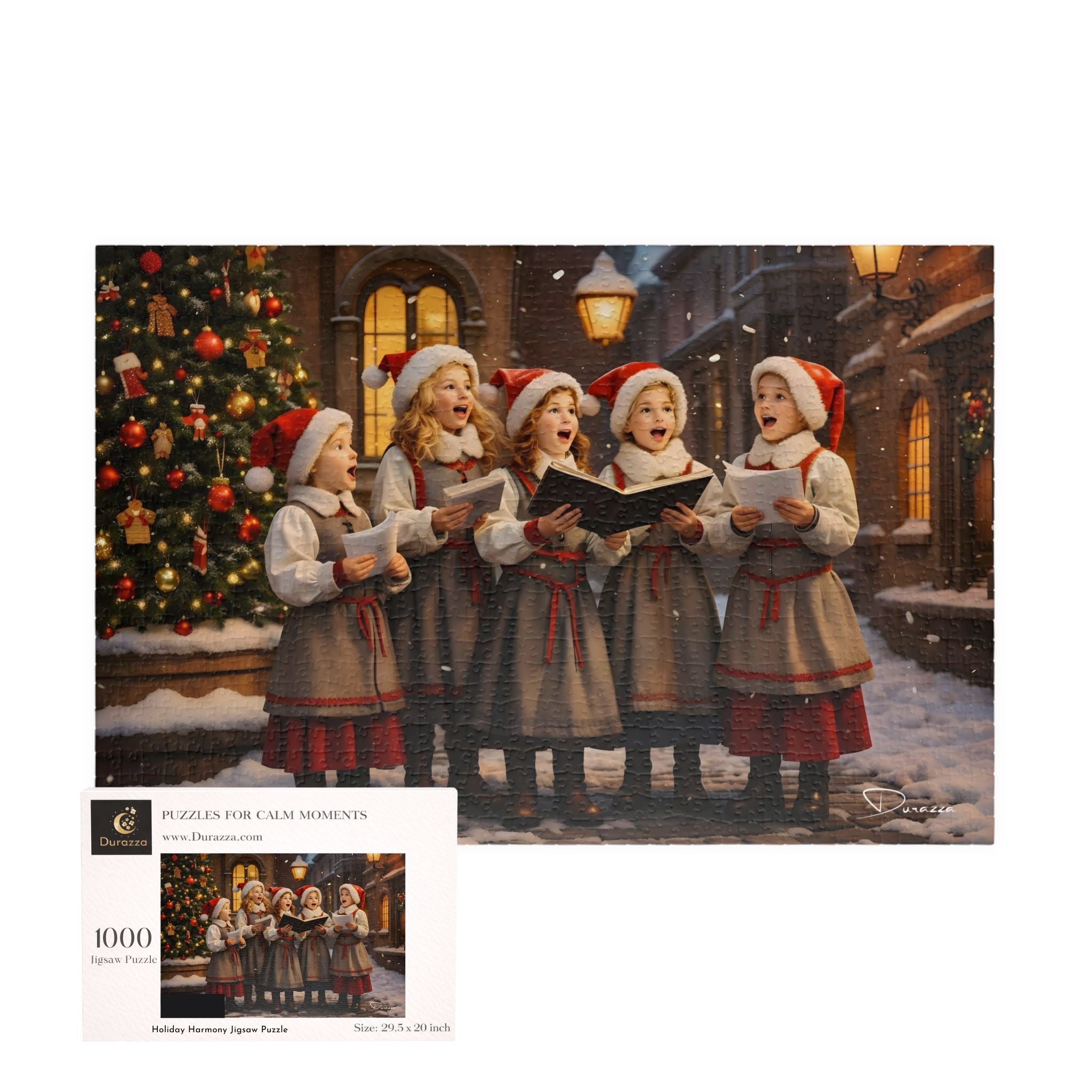 1000-piece Christmas puzzle with four girls in Santa hats singing in front of a decorated Christmas tree.