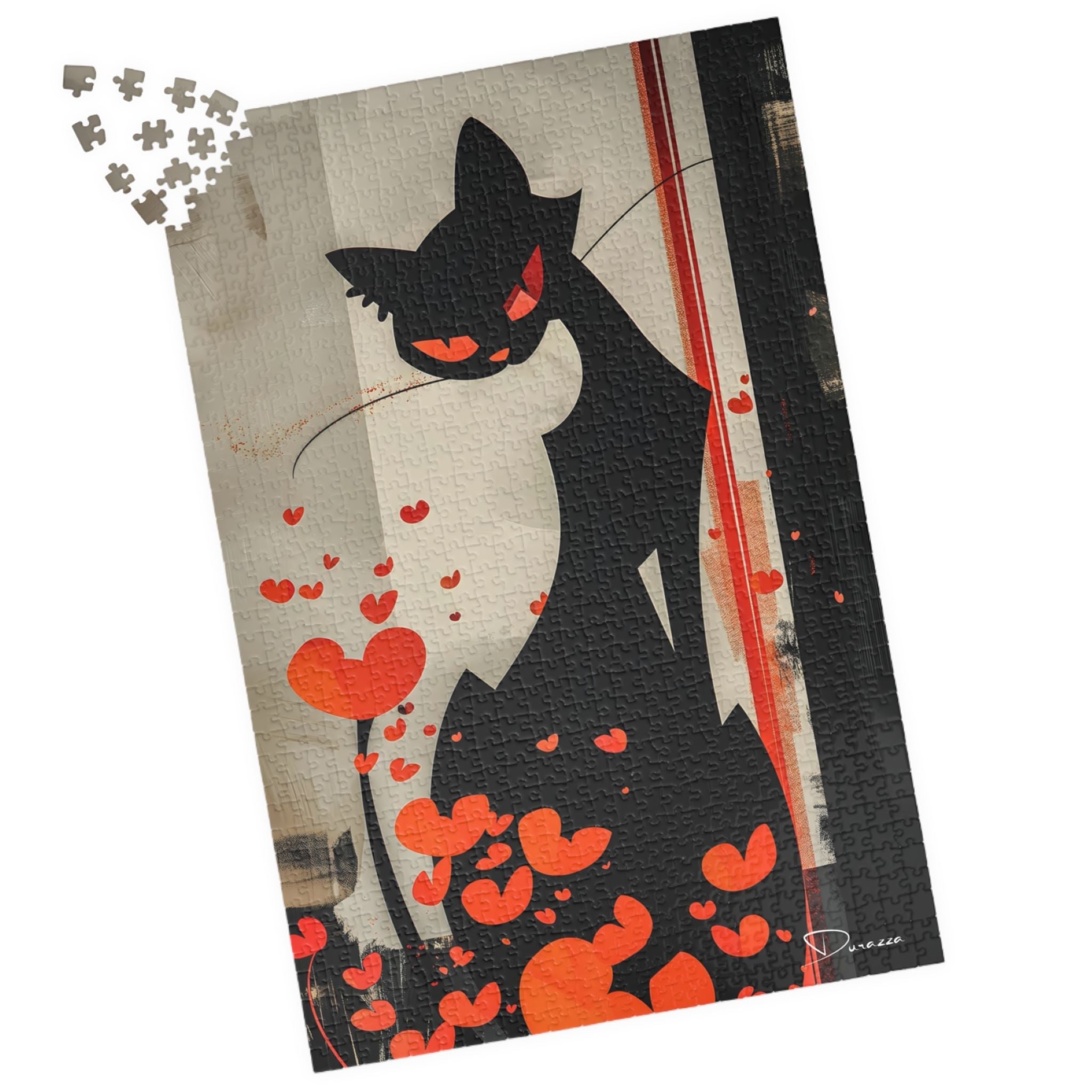 Jigsaw puzzle with a black cat design featuring red hearts on a white background