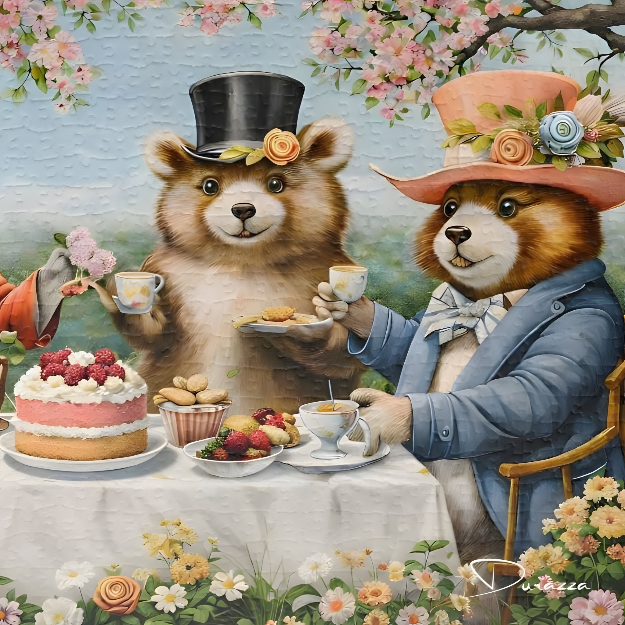 A spring jigsaw puzzle with two bears in top hats enjoying a tea party with cake in a garden.