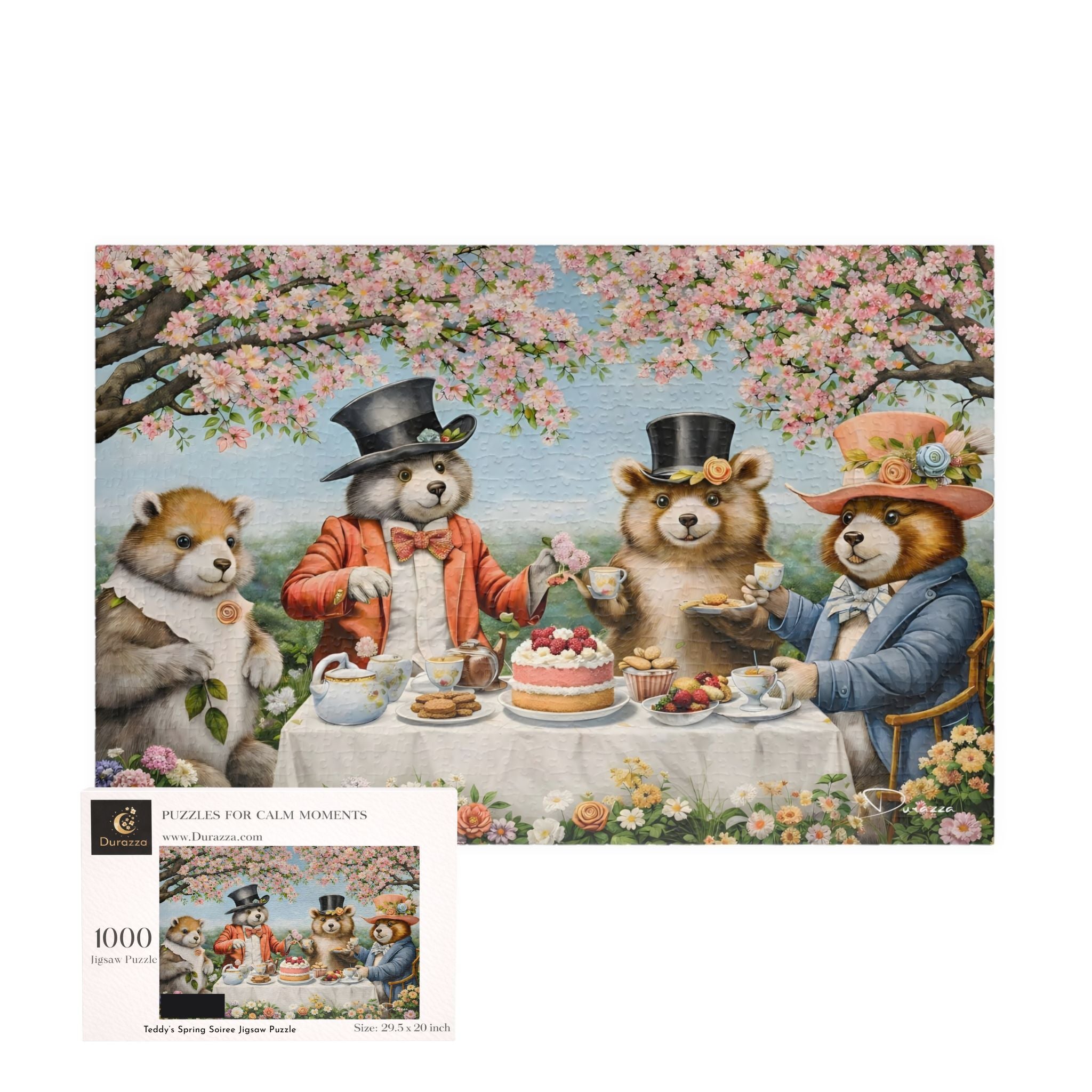 Jigsaw puzzle packaging with Spring bears at a tea party under cherry blossoms.