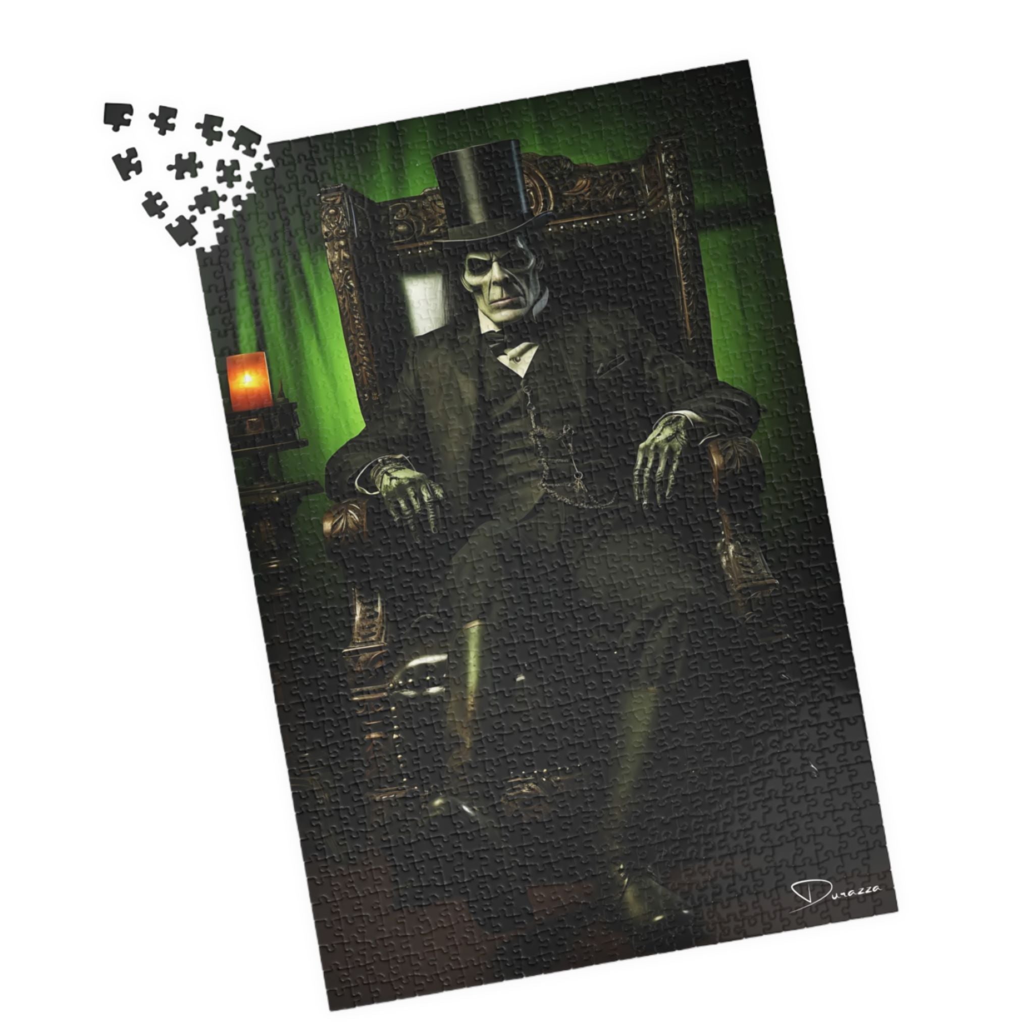 Gothic Jigsaw puzzle with a dark picture of Frankenstein in a chair, green curtain, and candle.