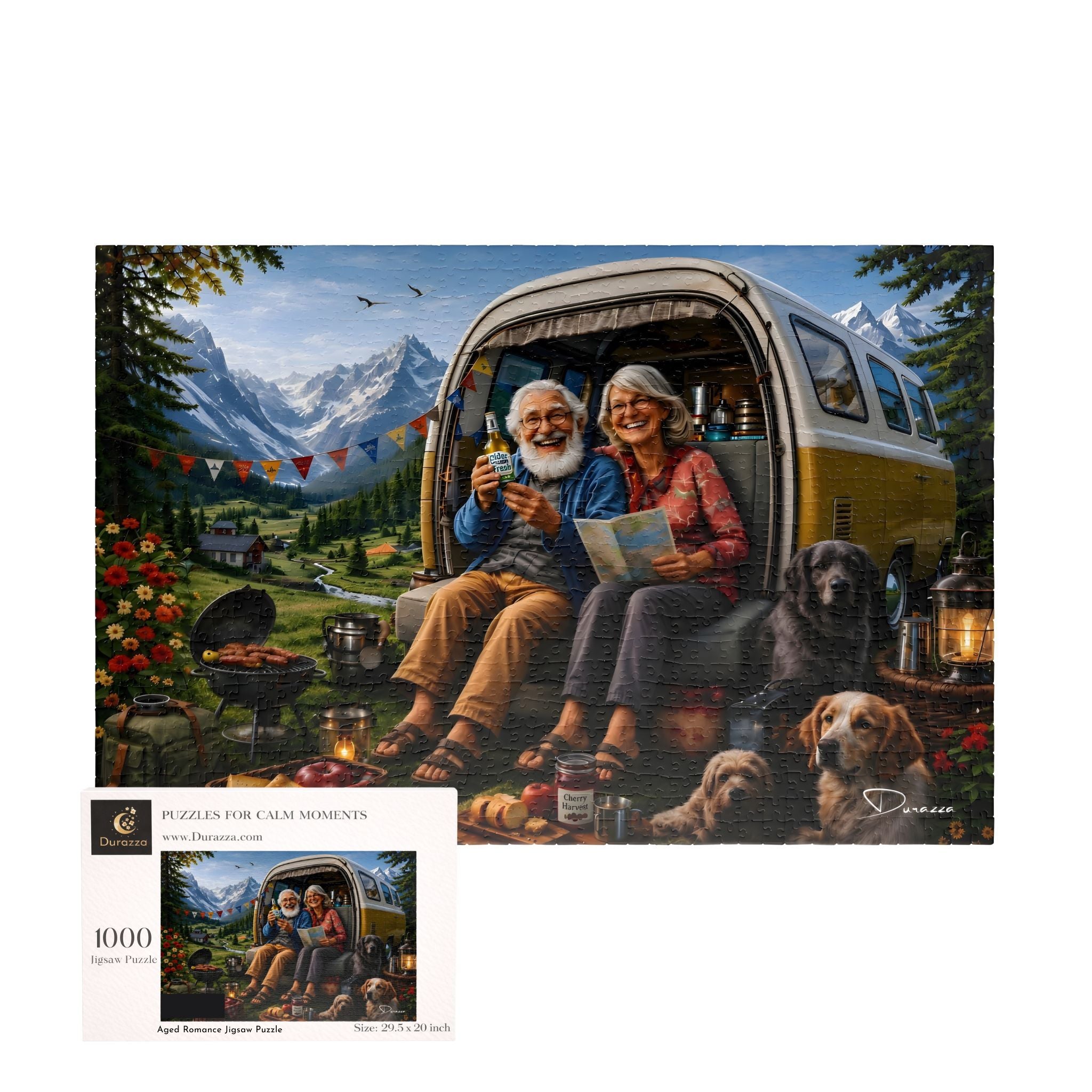 Camping puzzle with people and dogs in the mountains with packaging showing 1000 pieces.