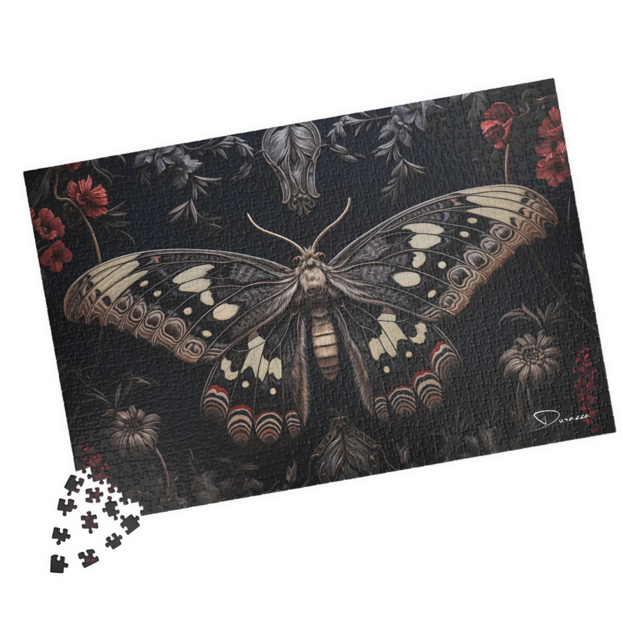 Jigsaw puzzle with a black moth on a dark background