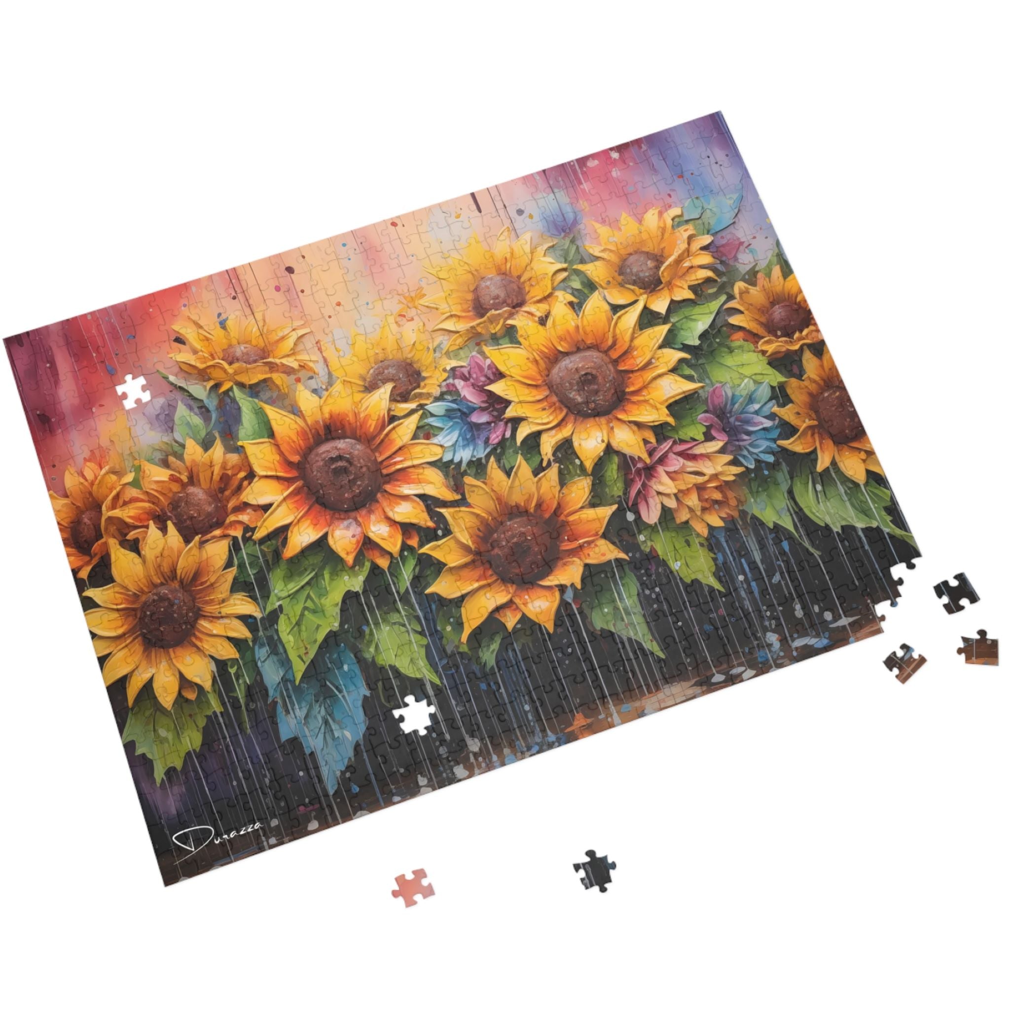 Jigsaw puzzle with sunflower design with missing pieces on white background.