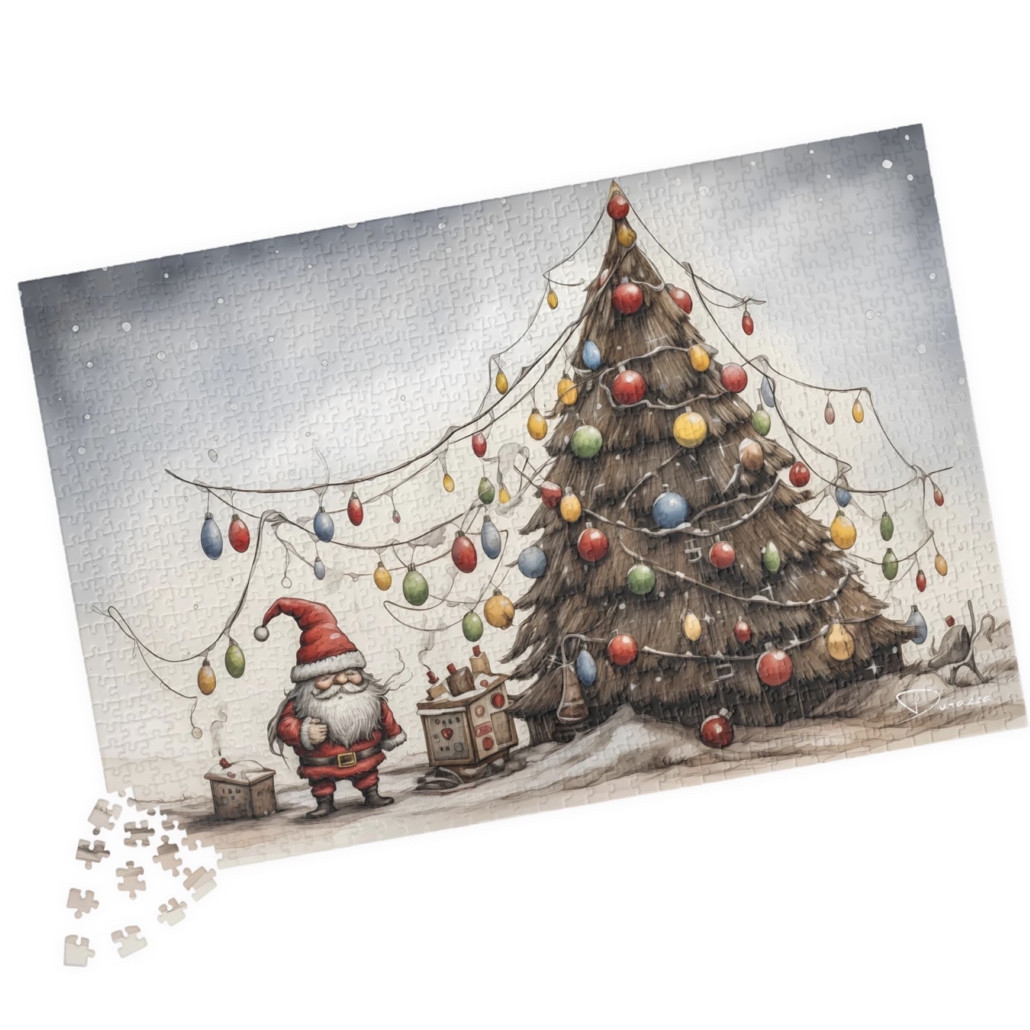 Christmas-themed puzzle with a Santa Claus gnome and decorated tree on a snowy background