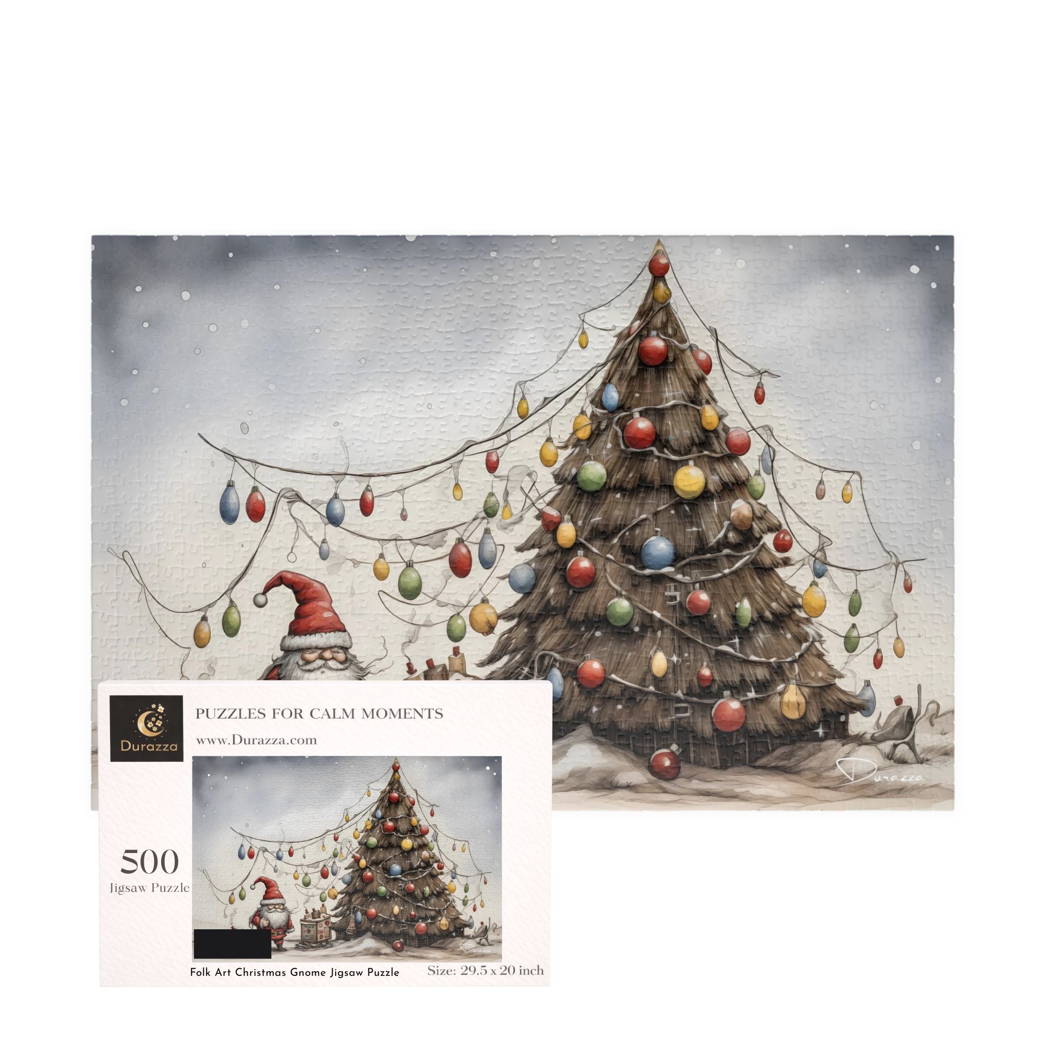 Jigsaw puzzle packaging with a Christmas tree and Santa Claus gnome illustration on a white background.