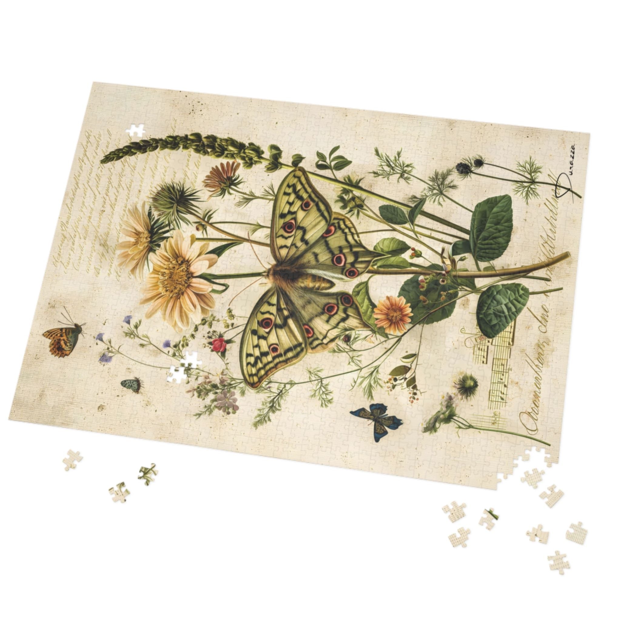Antique style Jigsaw puzzle with a butterfly and floral design on a beige background