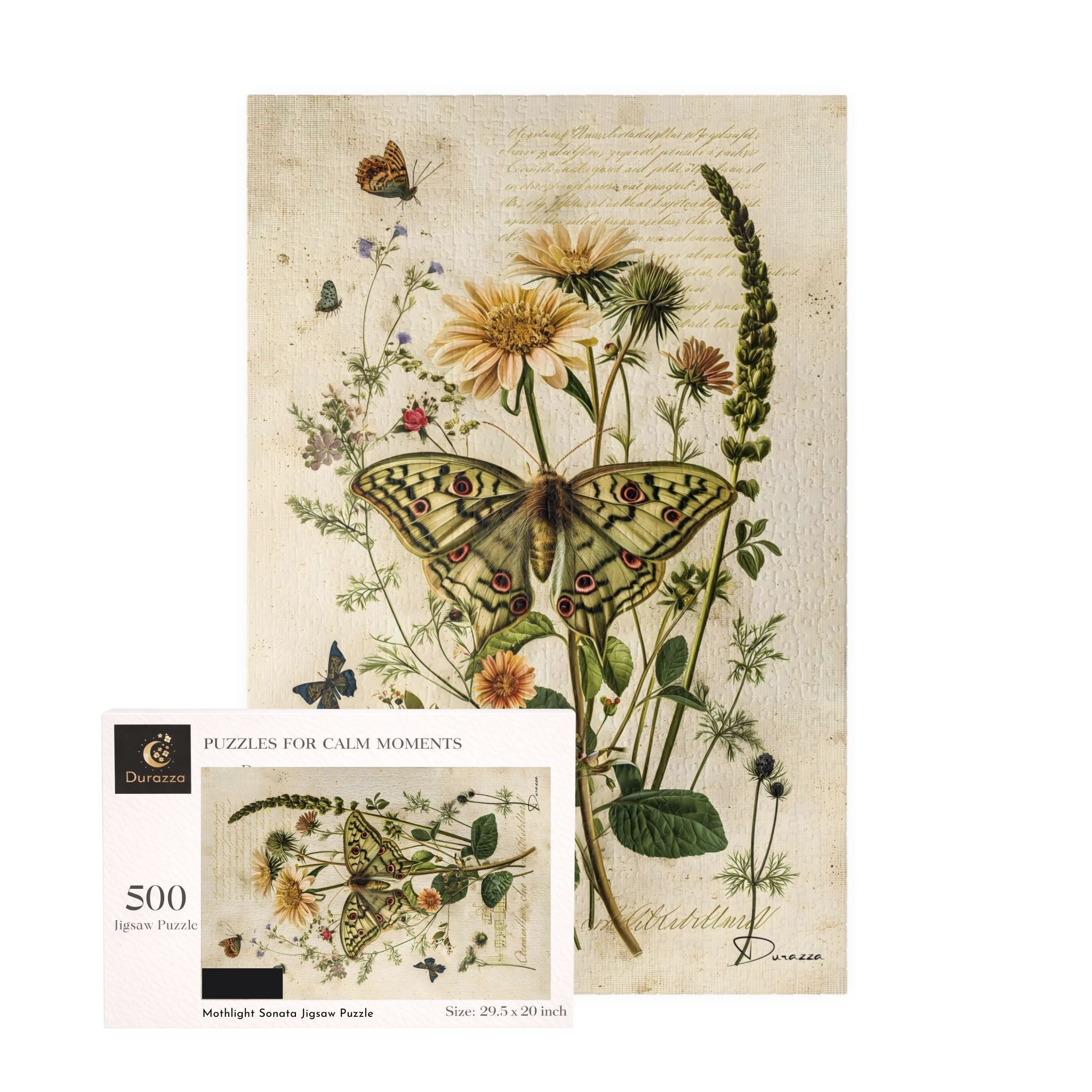 Jigsaw puzzle packaging with butterfly and floral design on a white background