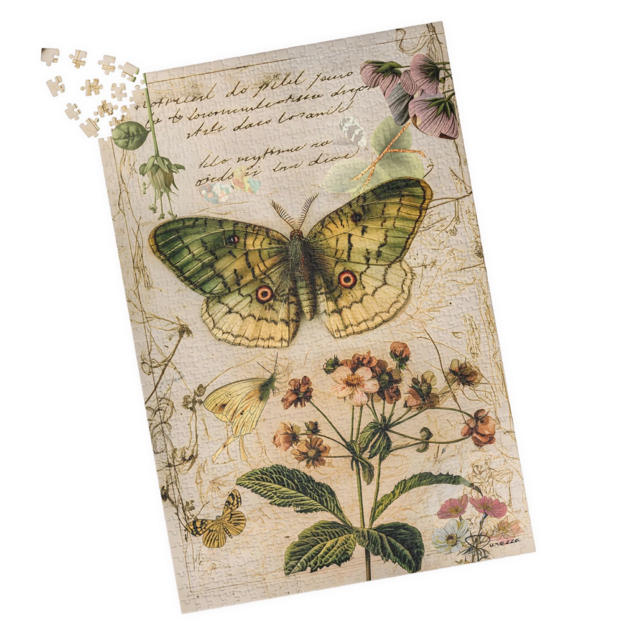 A puzzle with butterfly and floral design on a white background