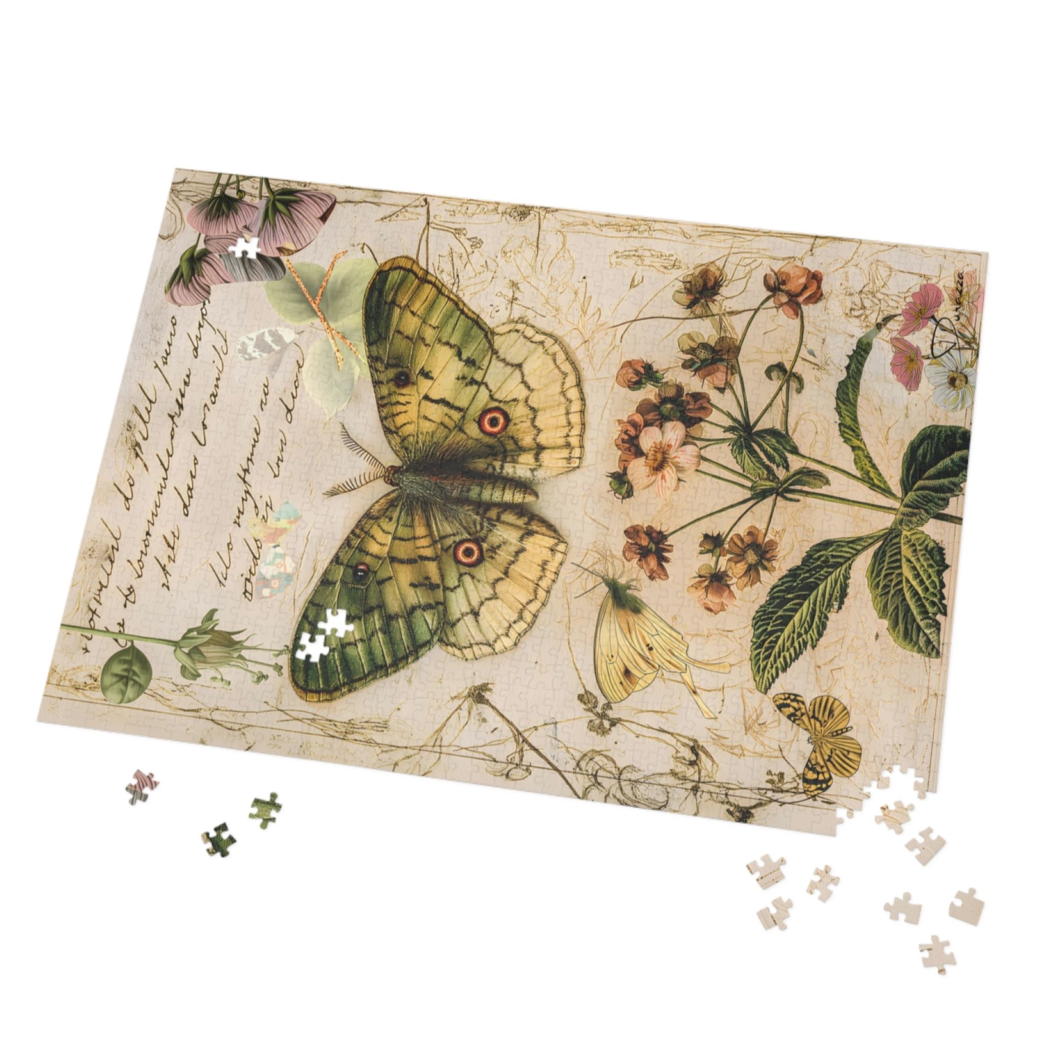 Vintage style Jigsaw puzzle with a butterfly and floral design on a white background