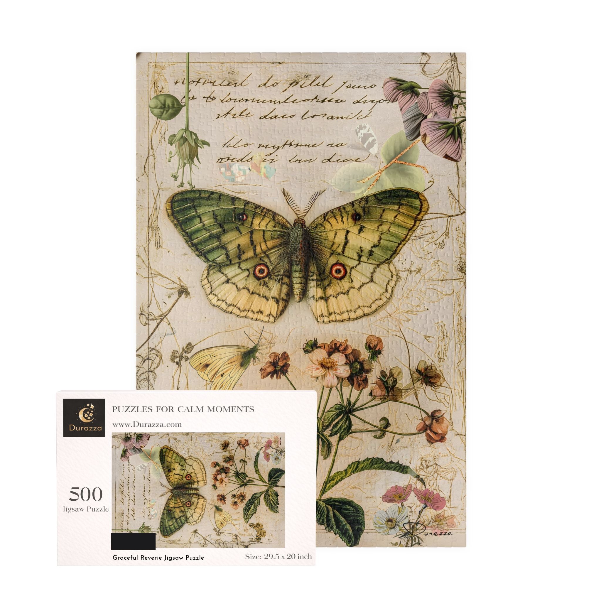 Jigsaw puzzle packaging with an antique style butterfly and floral design on a white background
