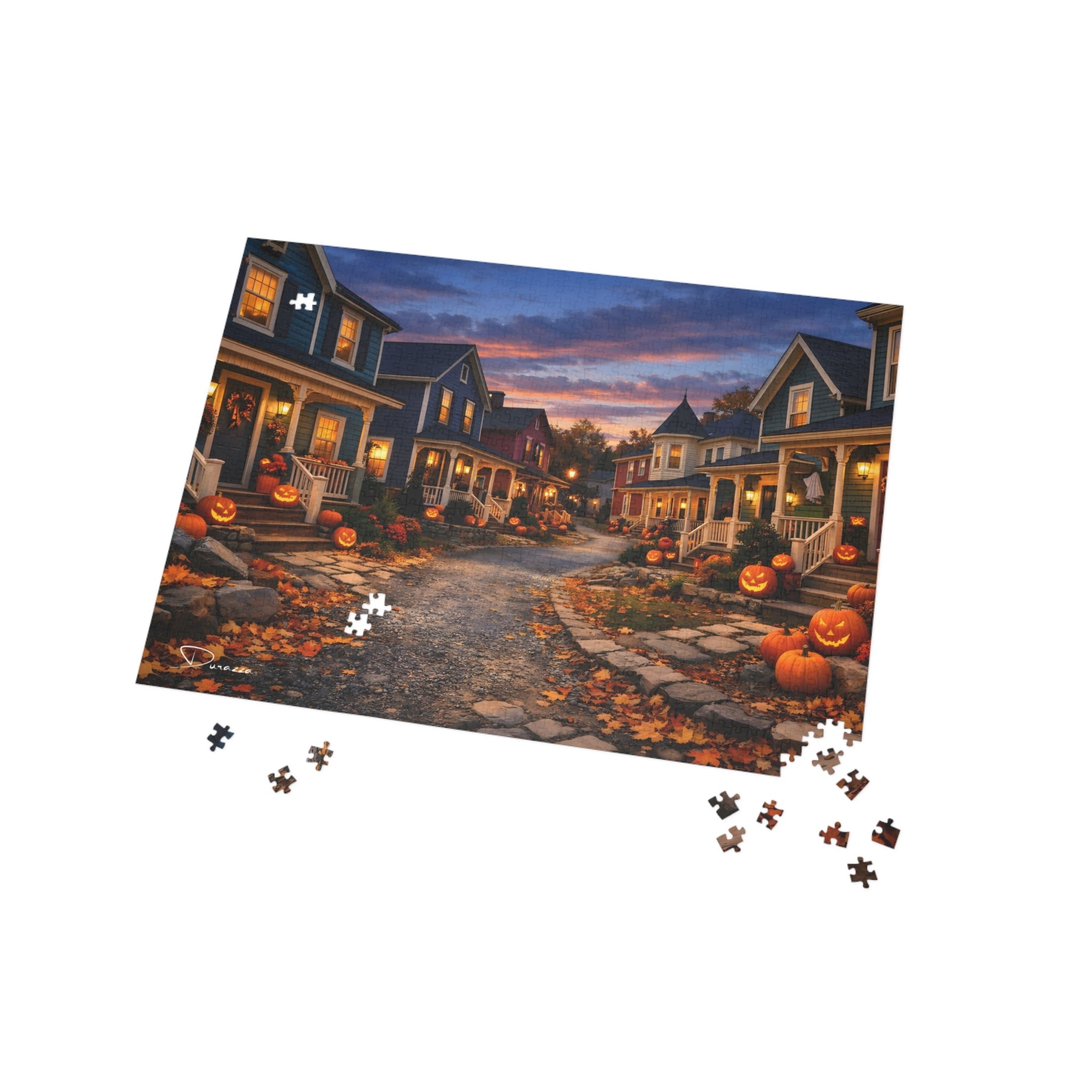 Halloween-themed Durazza puzzle with houses and pumpkins on a white background