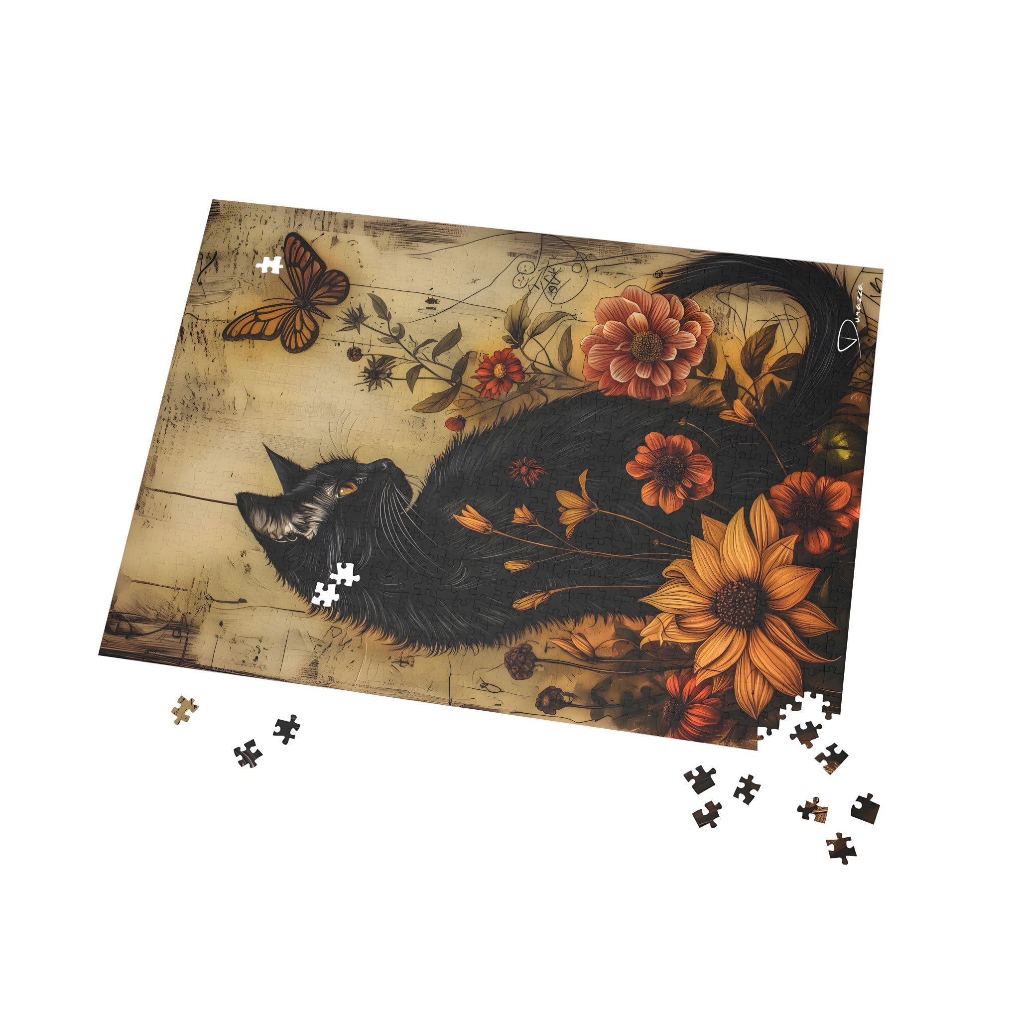 Jigsaw puzzle with a black cat and floral design on a wooden background