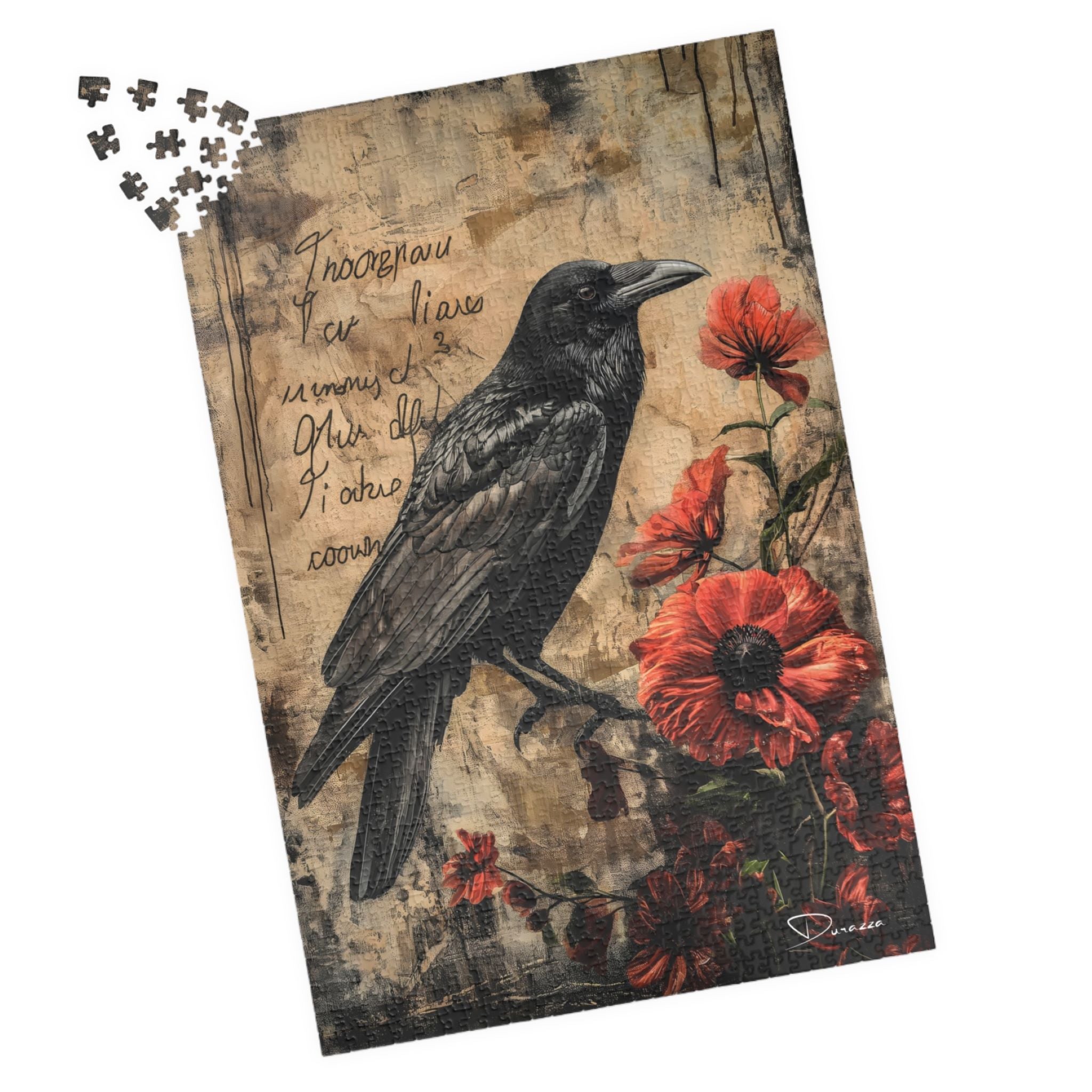 Jigsaw puzzle with a crow and floral design on a textured background