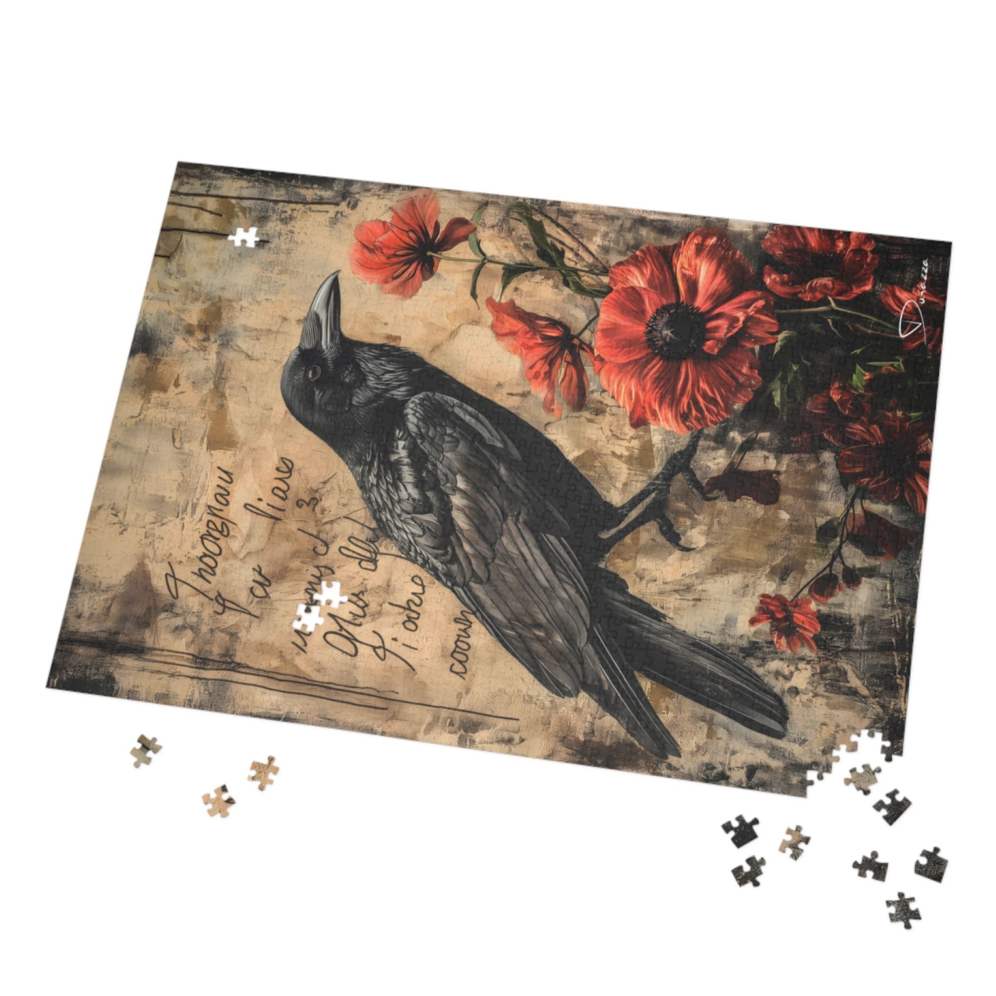 Vintage style Jigsaw puzzle with a raven and floral design on a wooden background