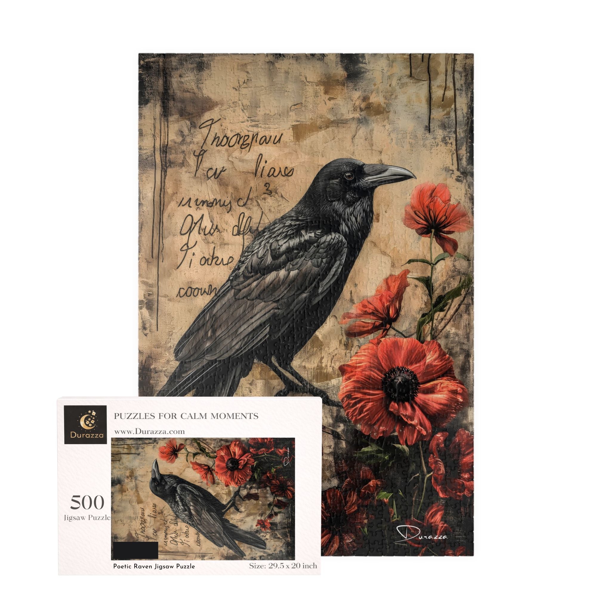 Jigsaw puzzle packaging with a crow and floral design on a textured background