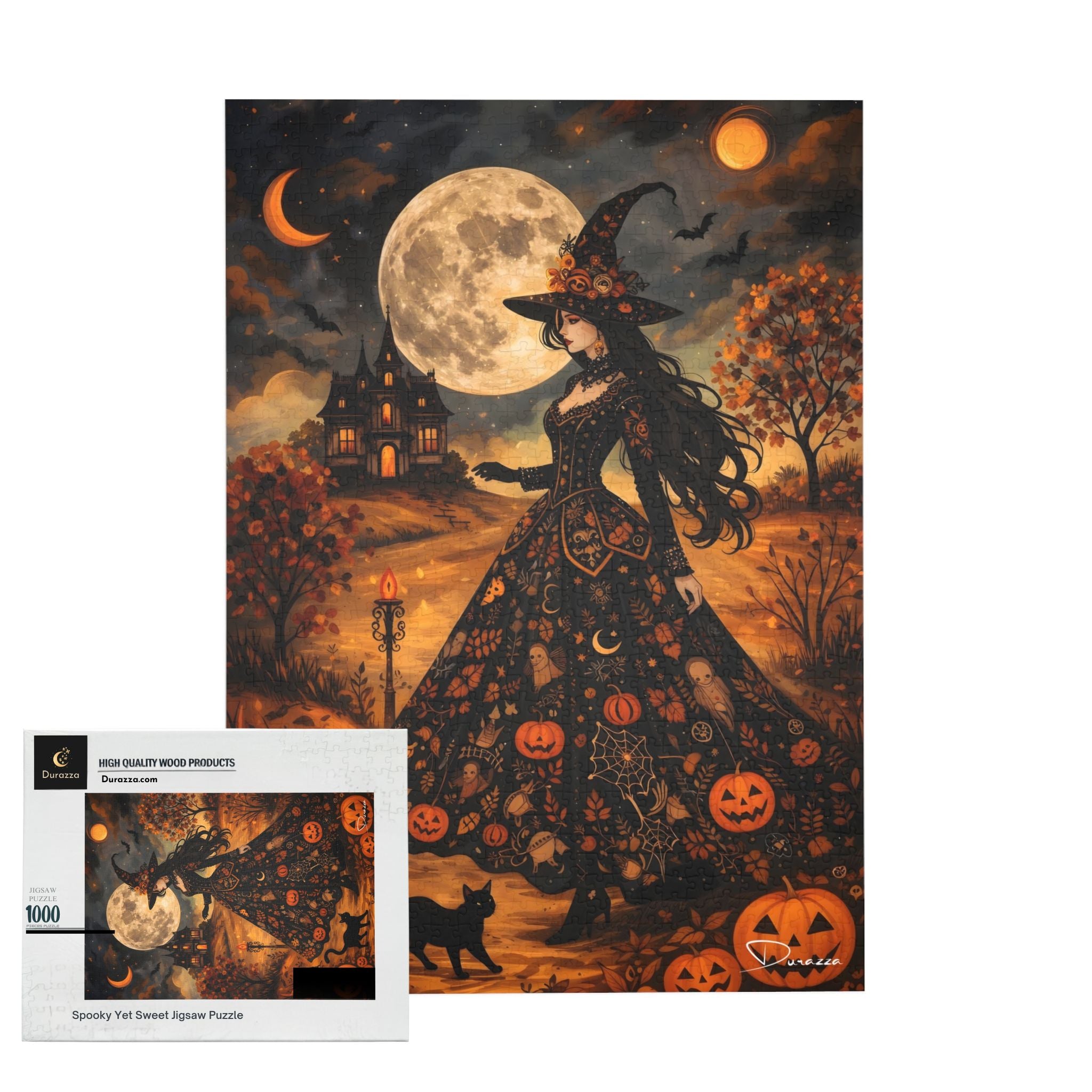 Halloween-themed 500 piece puzzle with a witch and pumpkin design on a dark background.