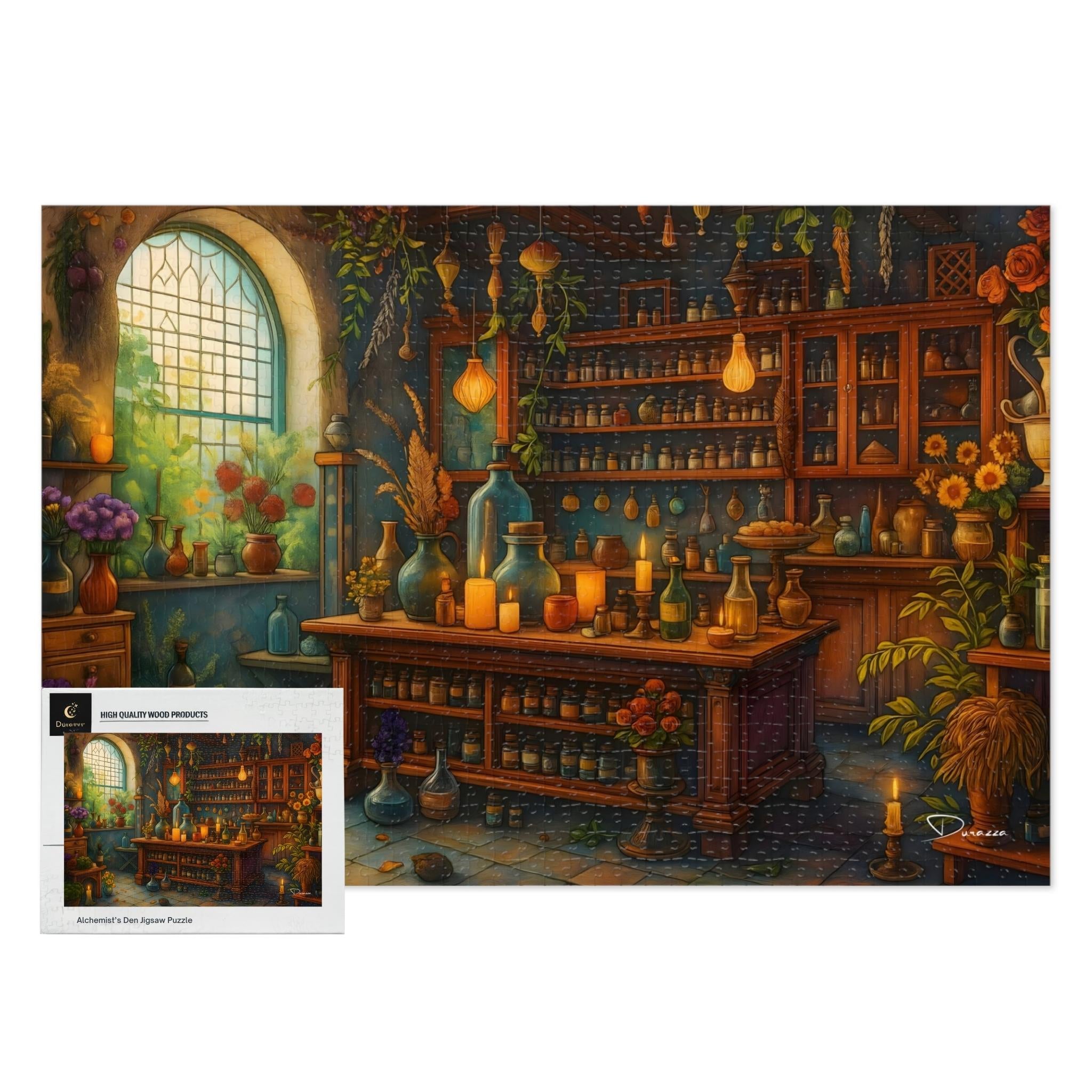 Alchemist jigsaw puzzle with cozy apothecary scene, candles, herbs, vials, and warm fantasy workshop details.