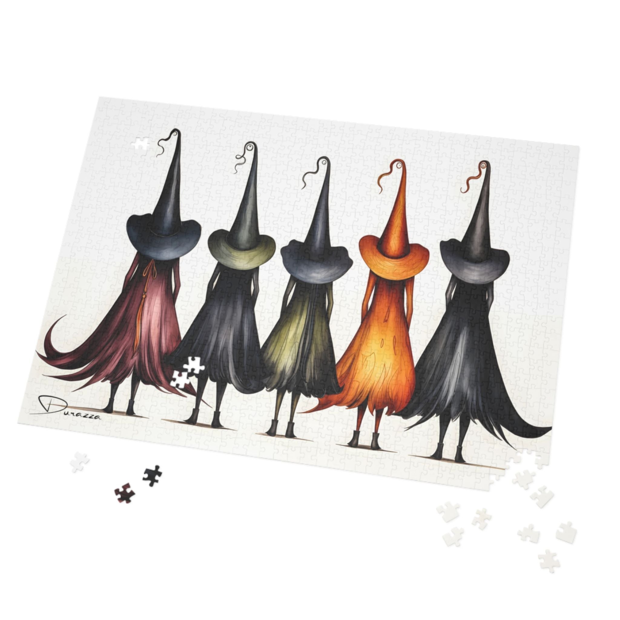 Jigsaw puzzle with cartoon witches on a white background