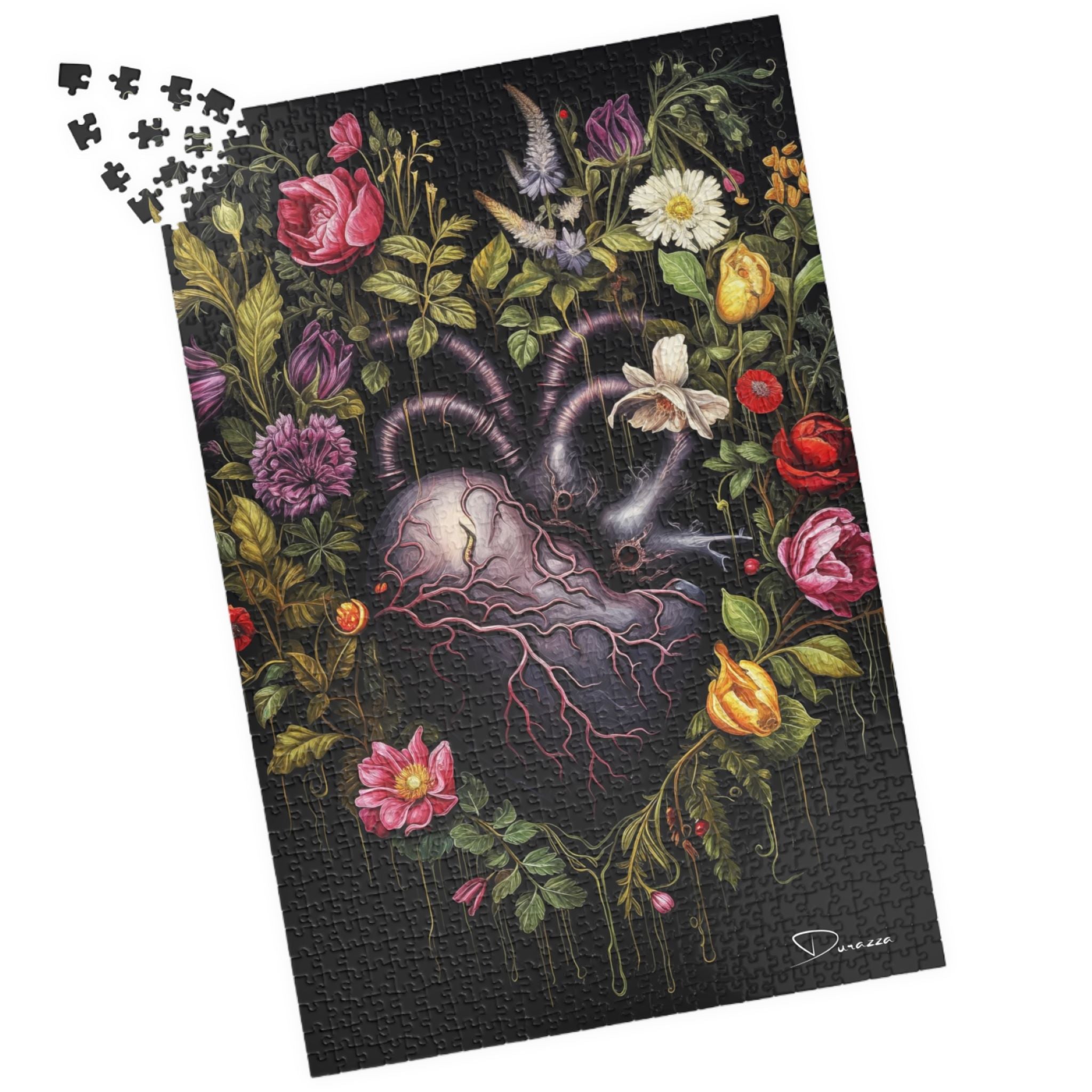 Black heart Jigsaw puzzle with a floral wreath design on a black background