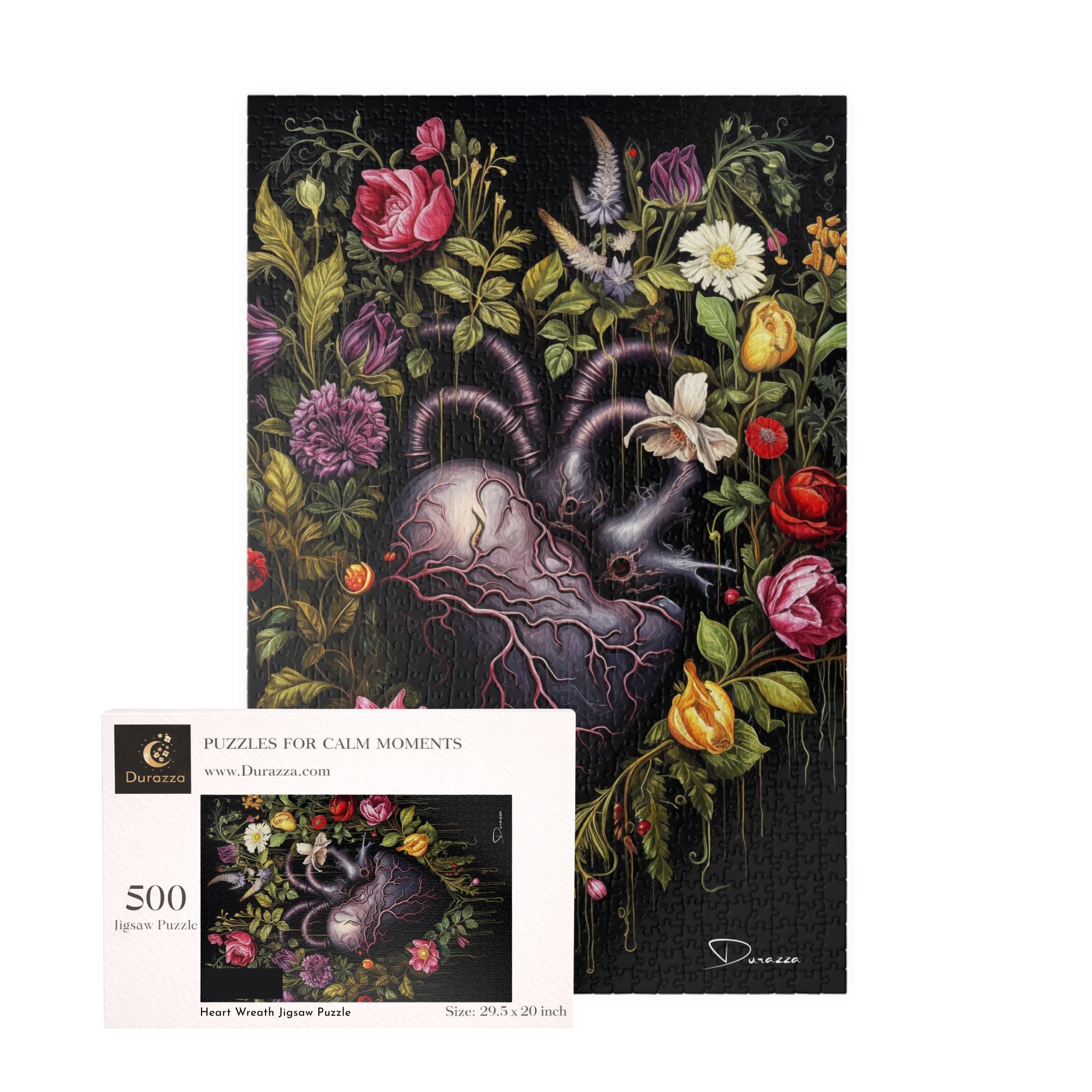 Jigsaw puzzle packaging with floral and heart design on a white background