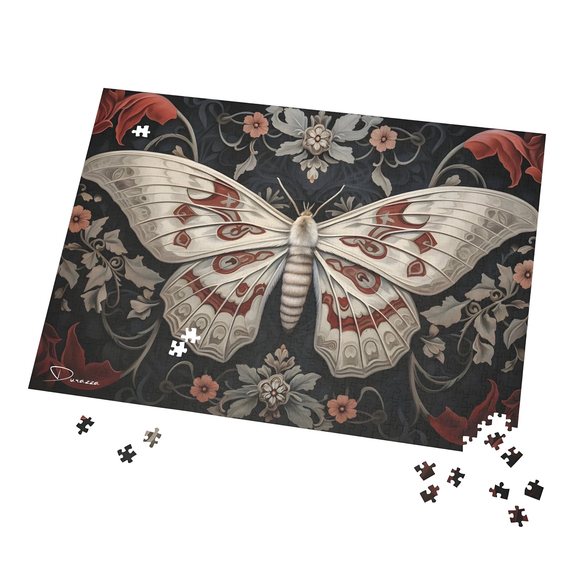 Jigsaw puzzle with a white moth design on a floral background