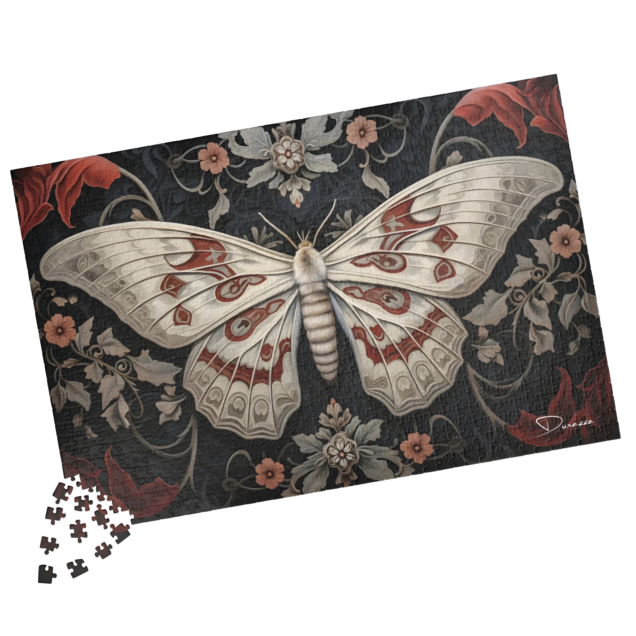 1000 piece Jigsaw puzzle with a white moth design on a floral background