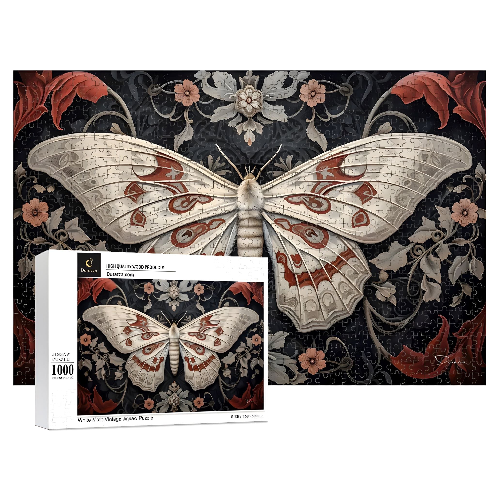 1000 piece Jigsaw puzzle with Durazza packaging with a moth design on a dark cottagecore background