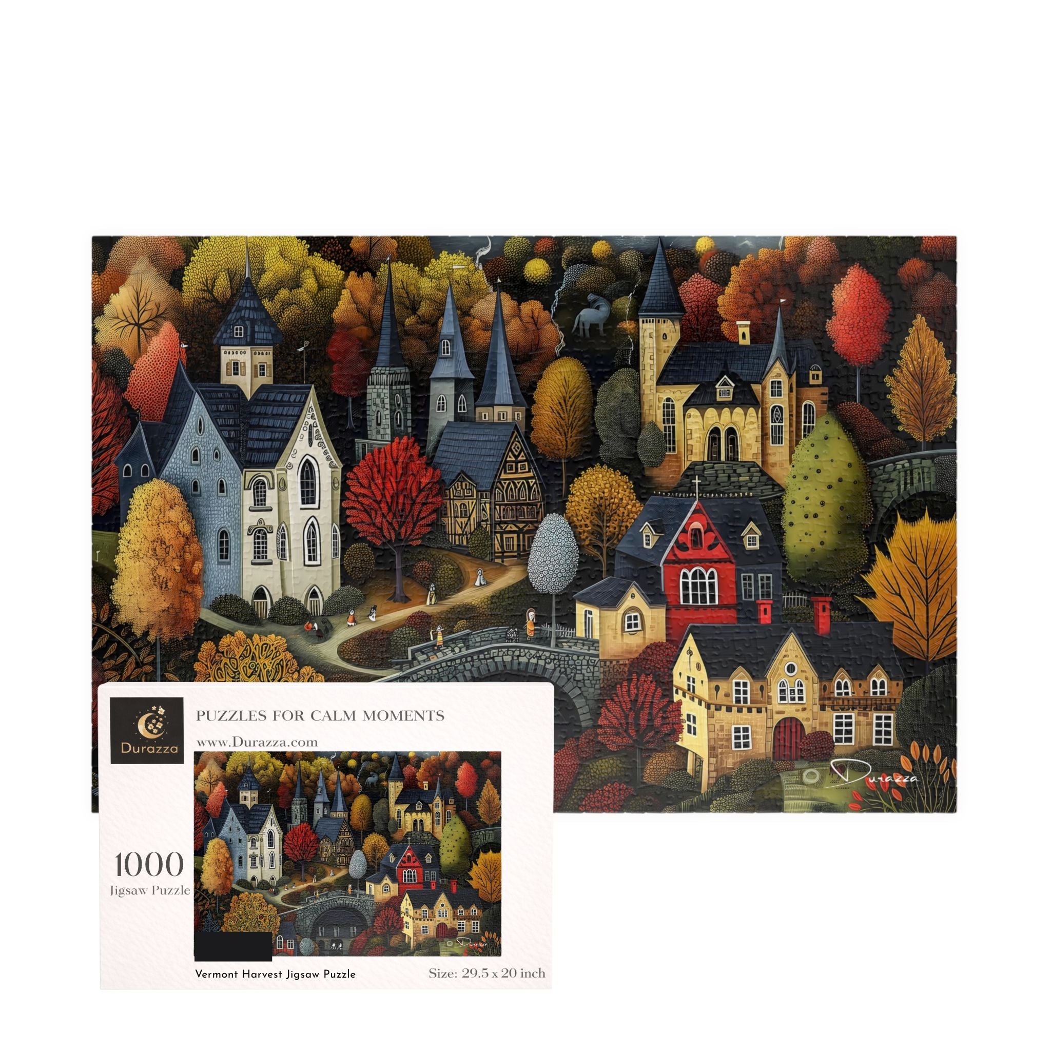 1000 piece Jigsaw puzzle with a colorful village scene and Durazza box.