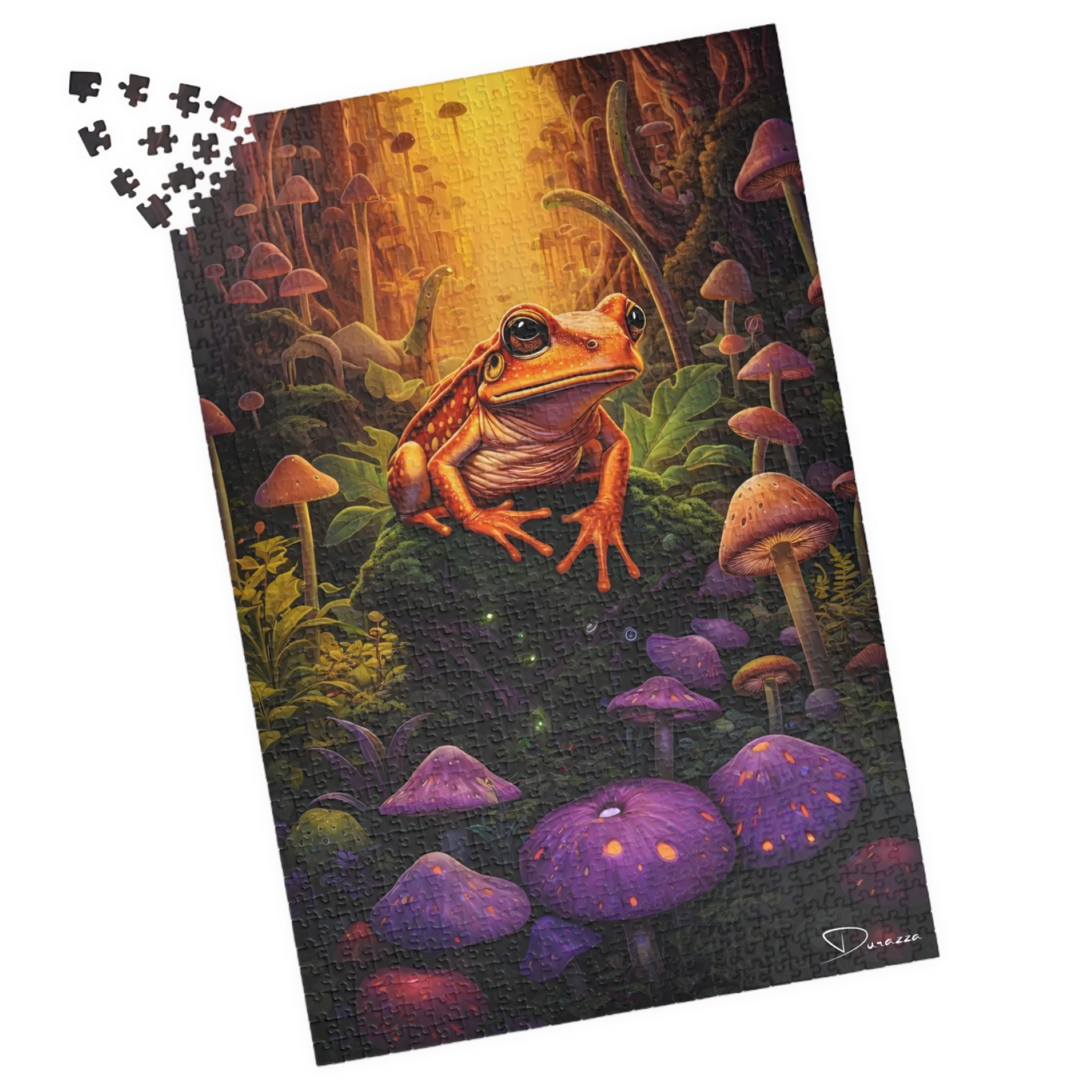 Frog puzzle with a fantasy forest design featuring mushrooms and a glowing light.