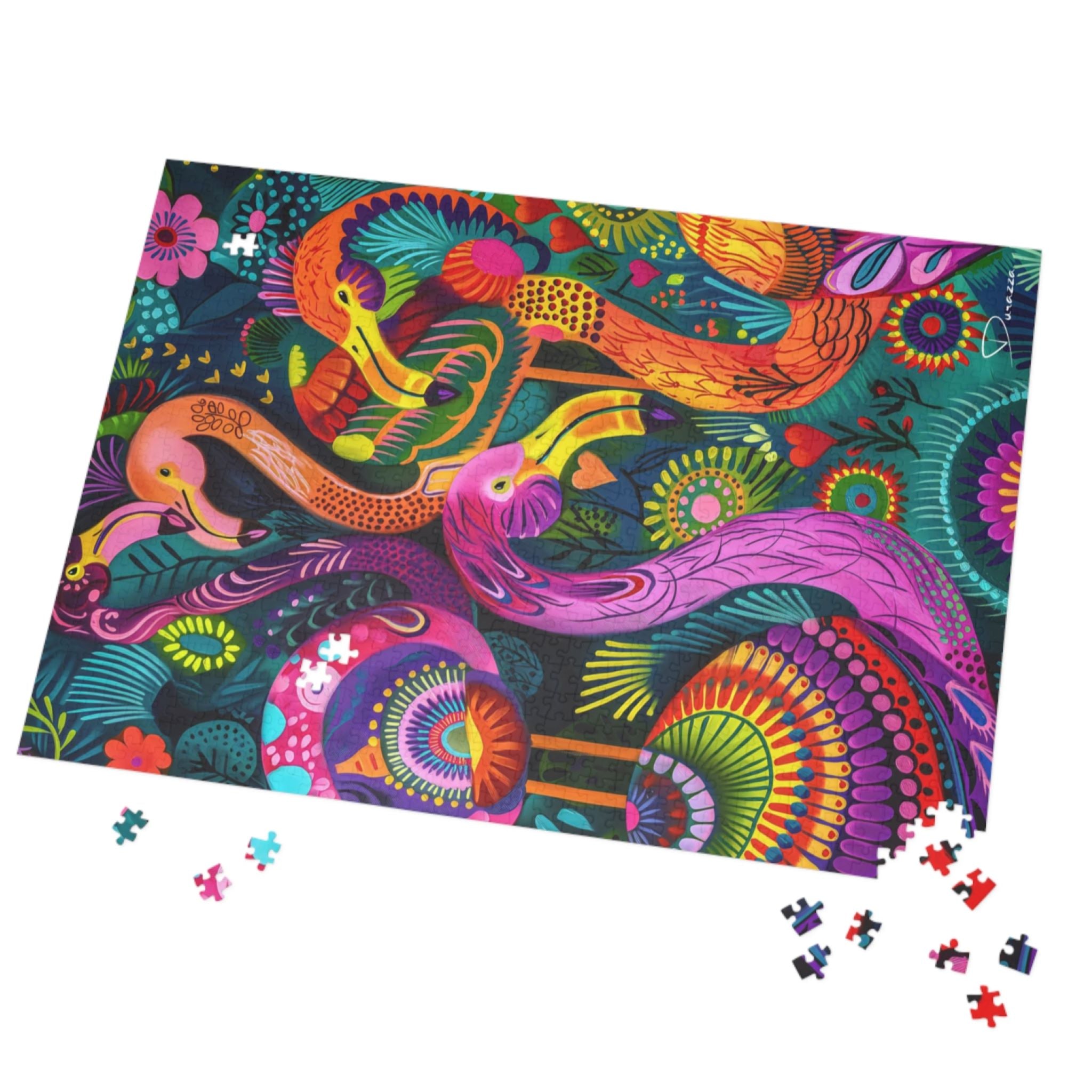 Colorful flamingo -themed puzzle with scattered pieces on a white background