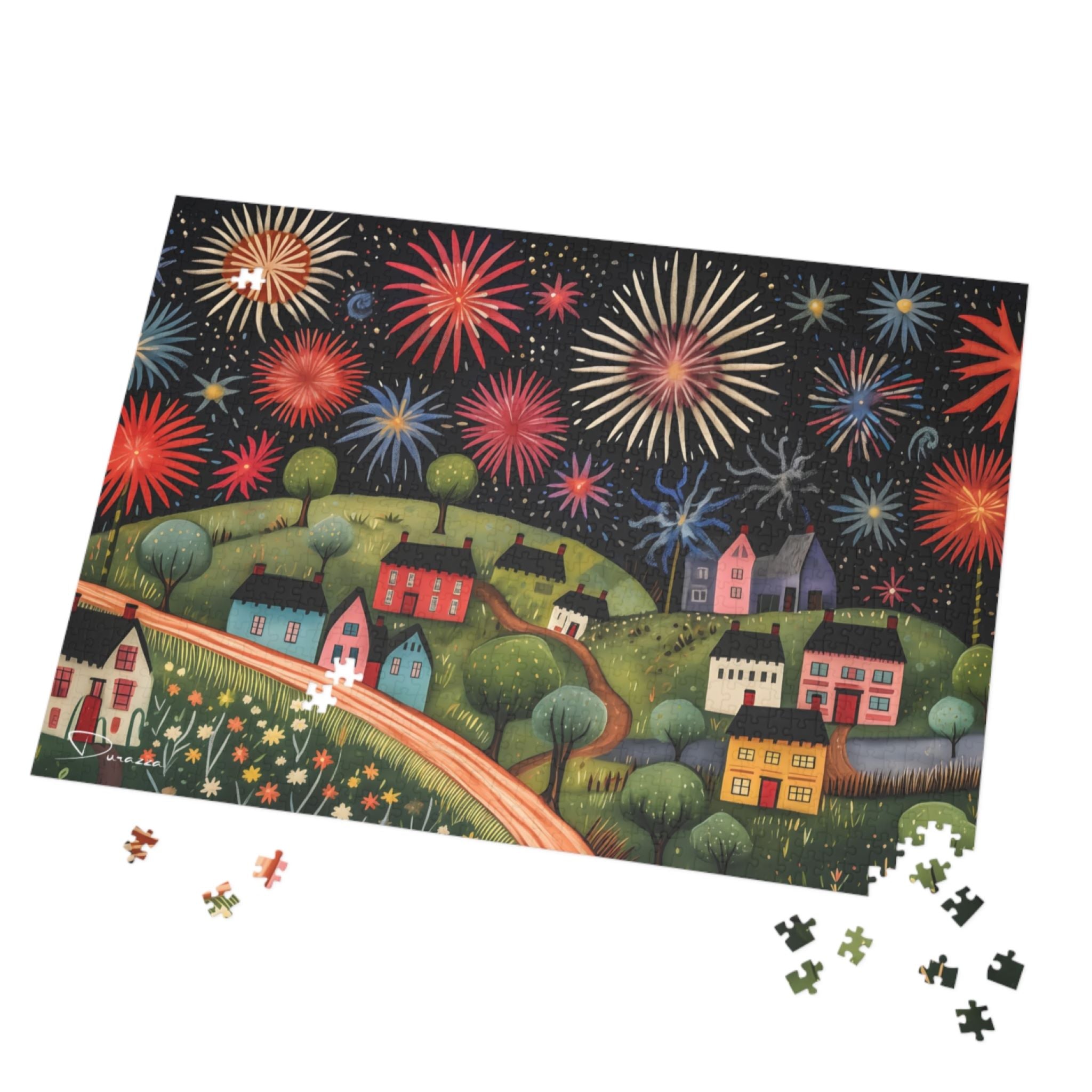 Patriotic jigsaw puzzle with a colorful fireworks display over a village scene on a white background