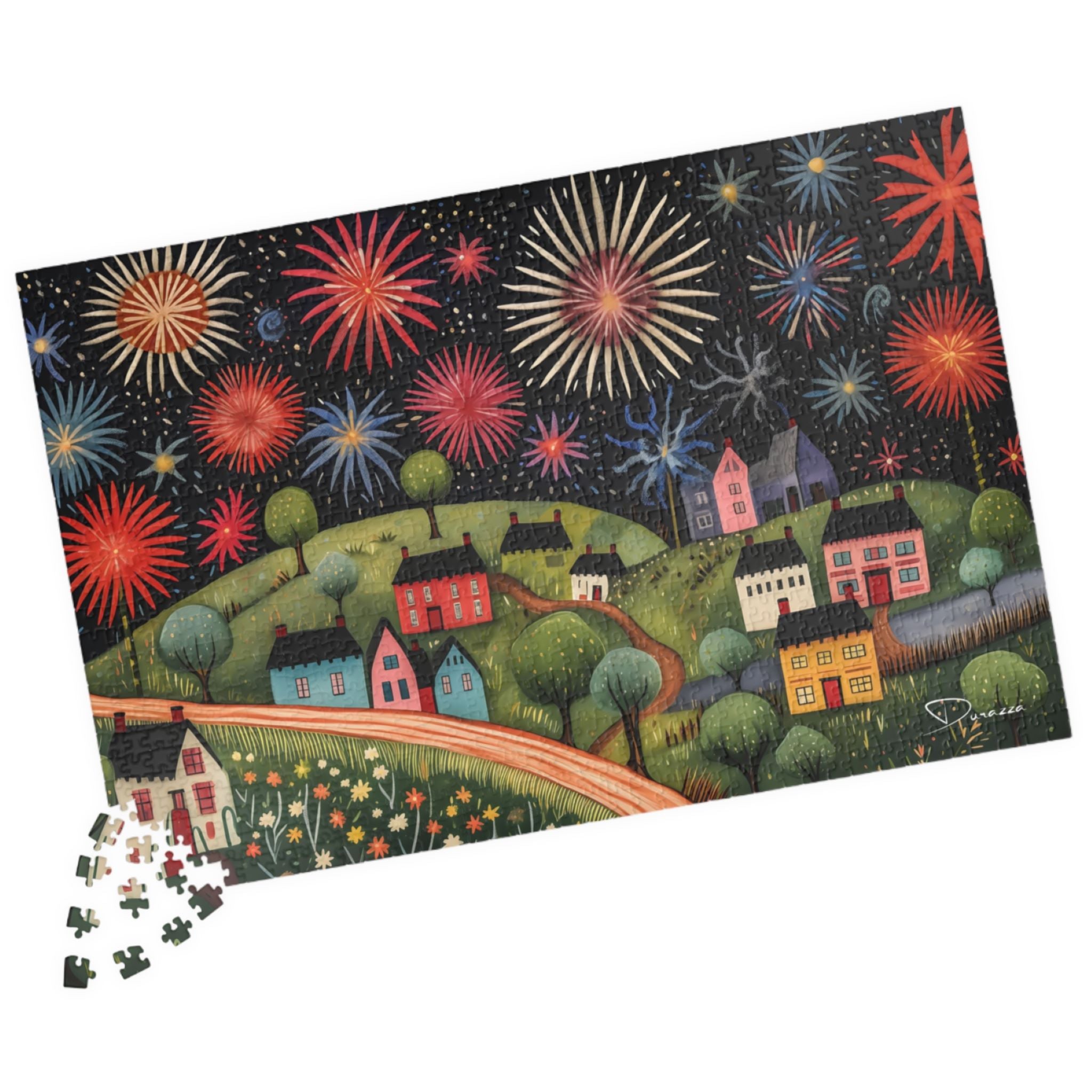 Jigsaw puzzle with a colorful fireworks display over a village scene on a white background