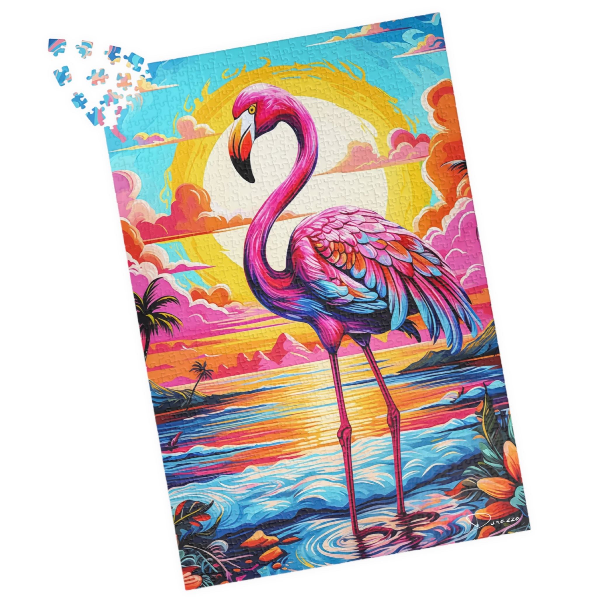 Colorful flamingo puzzle with a sunset and beach scene
