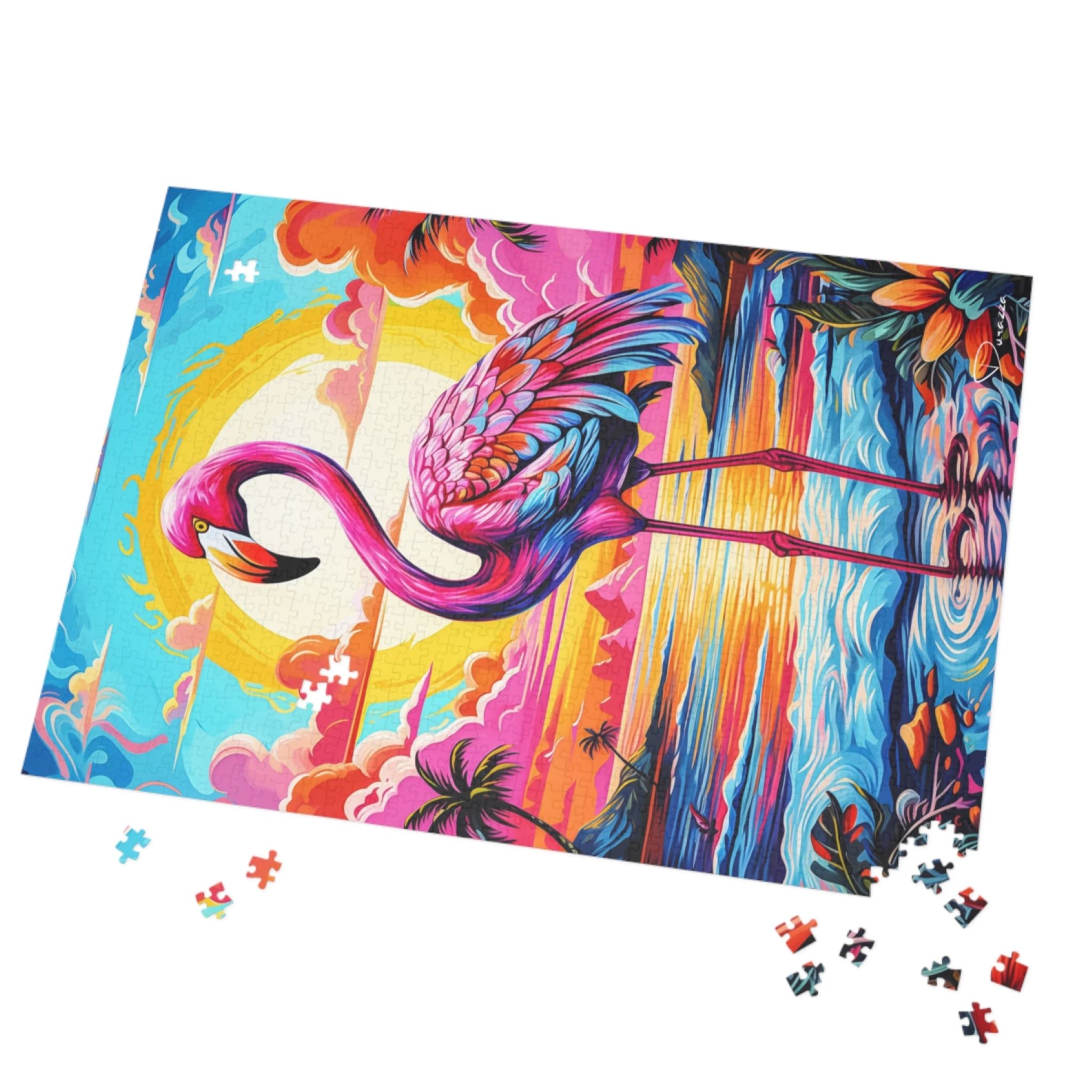 Colorful flamingo puzzle with missing pieces on a white background