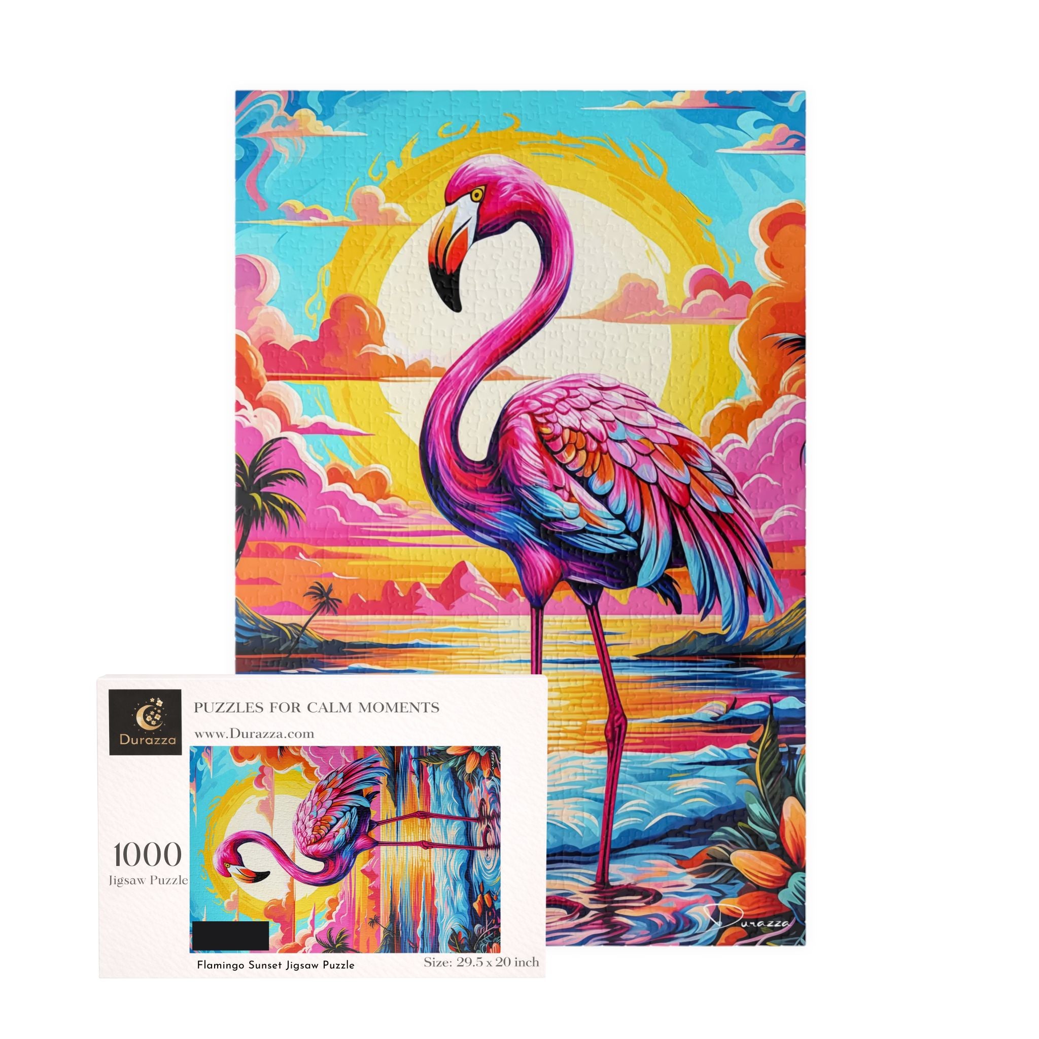 1000 piece Colorful flamingo jigsaw puzzle with Durazza packaging featuring a tropical scene.