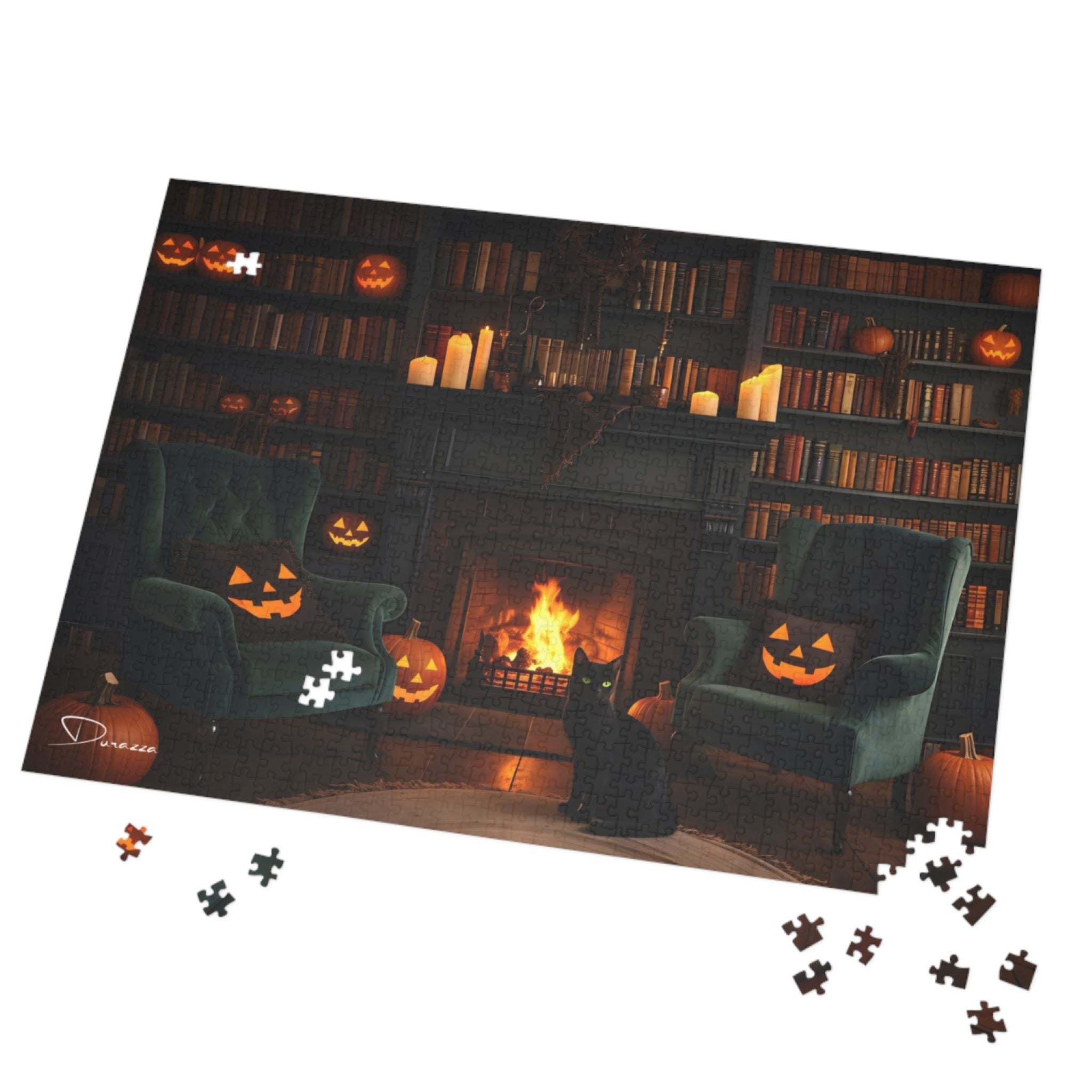 Halloween 1000 piece puzzle with pumpkins, a fireplace, and bookshelves on a white background.