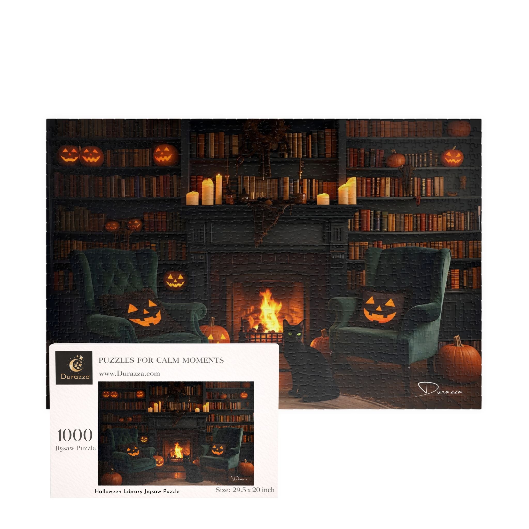 Halloween jigsaw puzzle with pumpkins and a fireplace behind Durazza packaging.