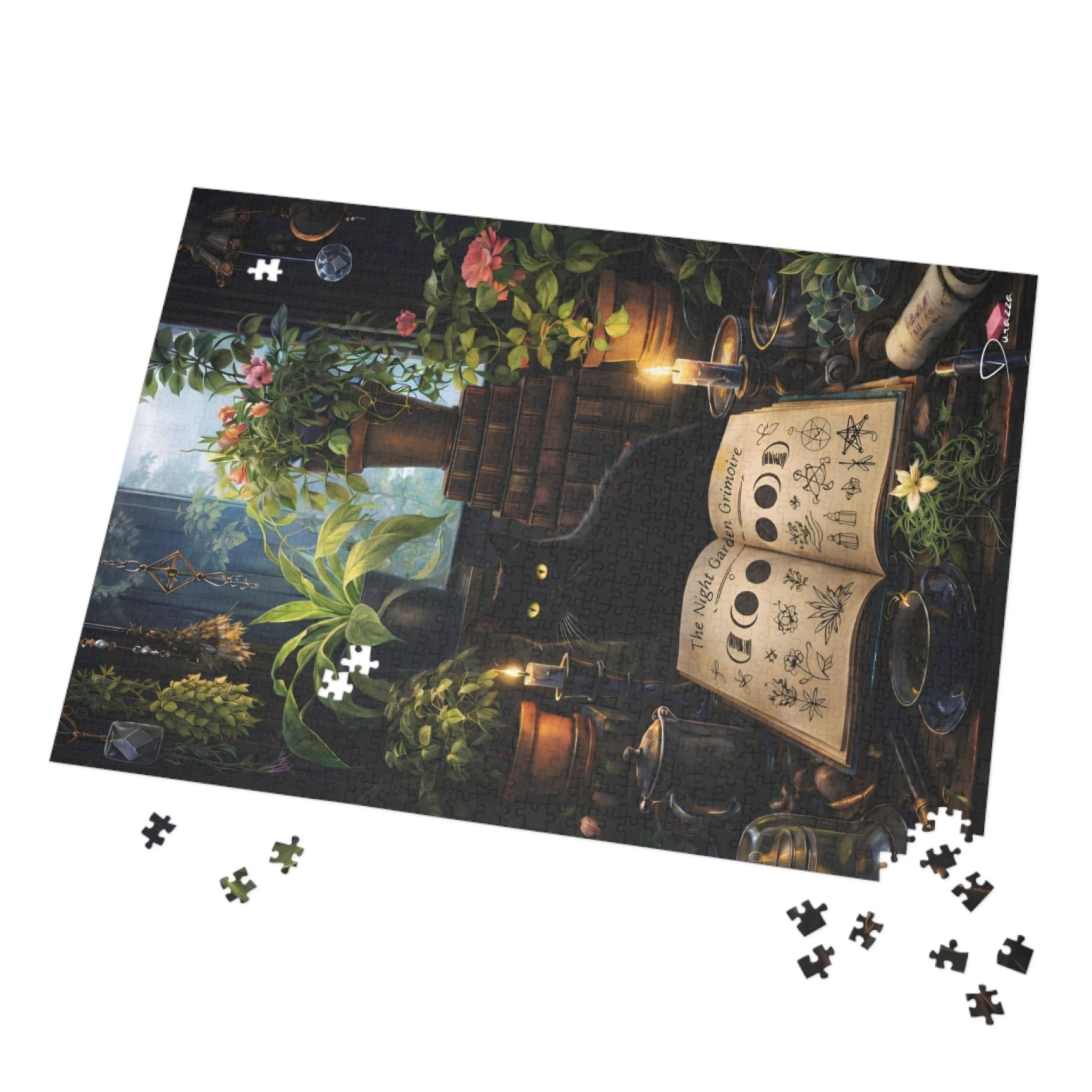 Jigsaw puzzle with a fantasy-themed design featuring an open book, plants, and candles on a white background.