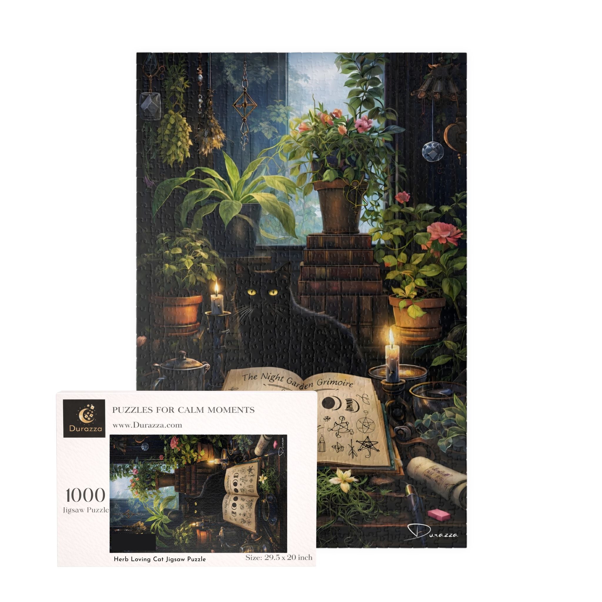 1000 piece Jigsaw puzzle with a black cat and candlelit scene in Durazza packaging.