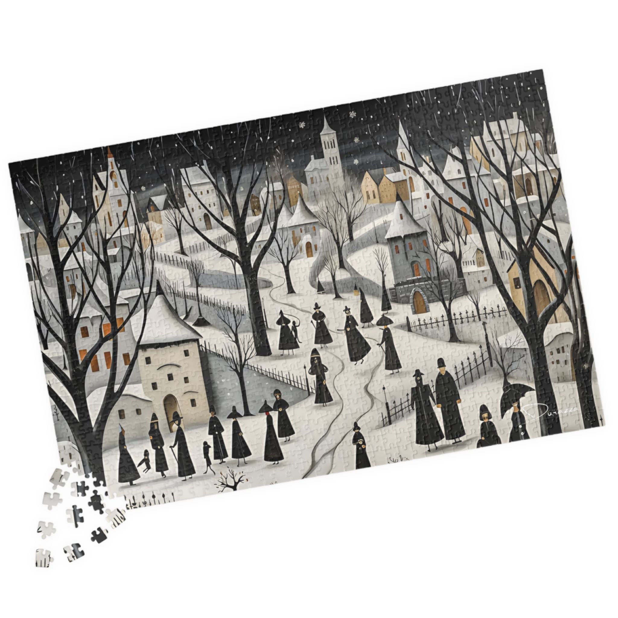 Jigsaw puzzle with a winter scene of people walking in a snowy village.