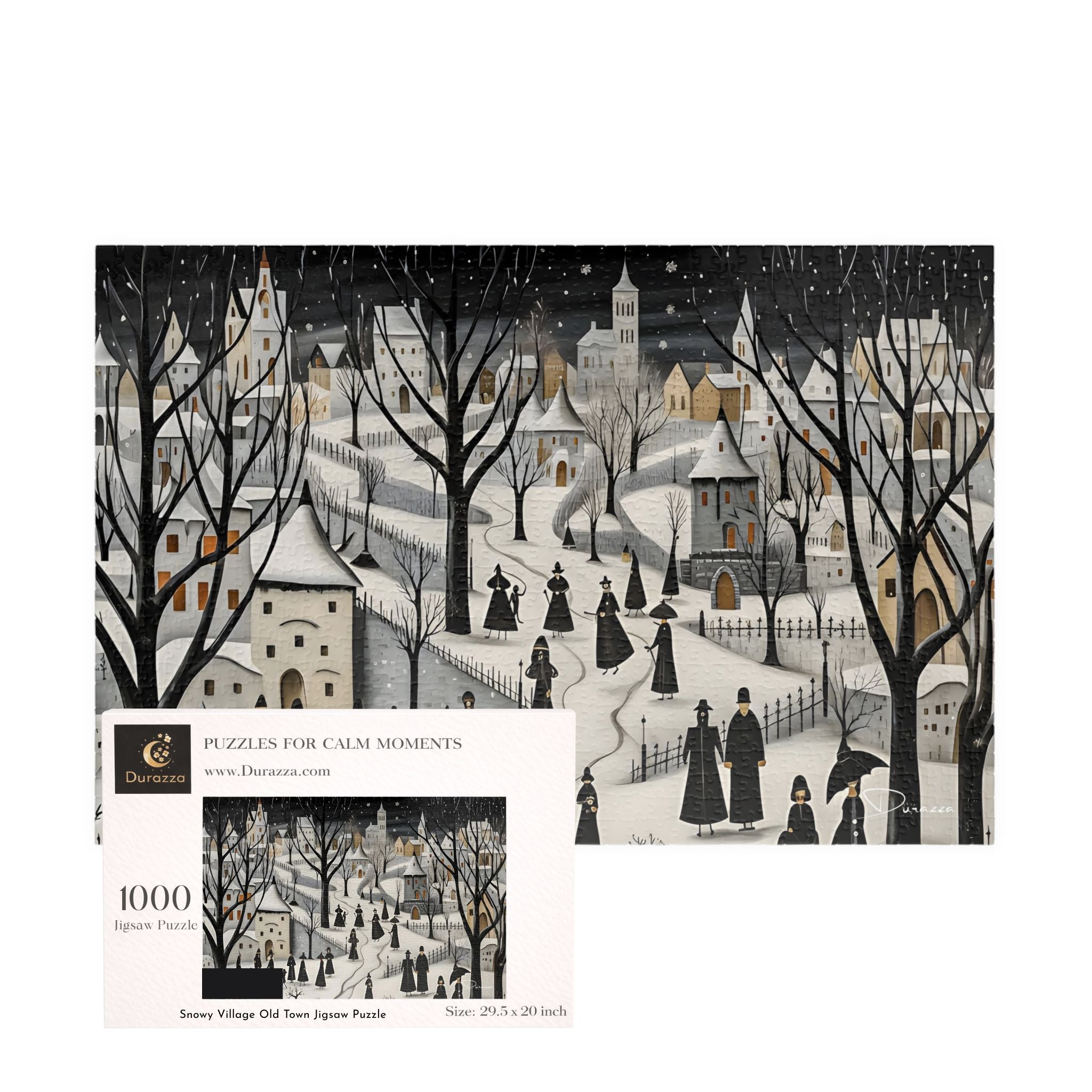 Gothic Winter village scene puzzle with Durazza packaging.