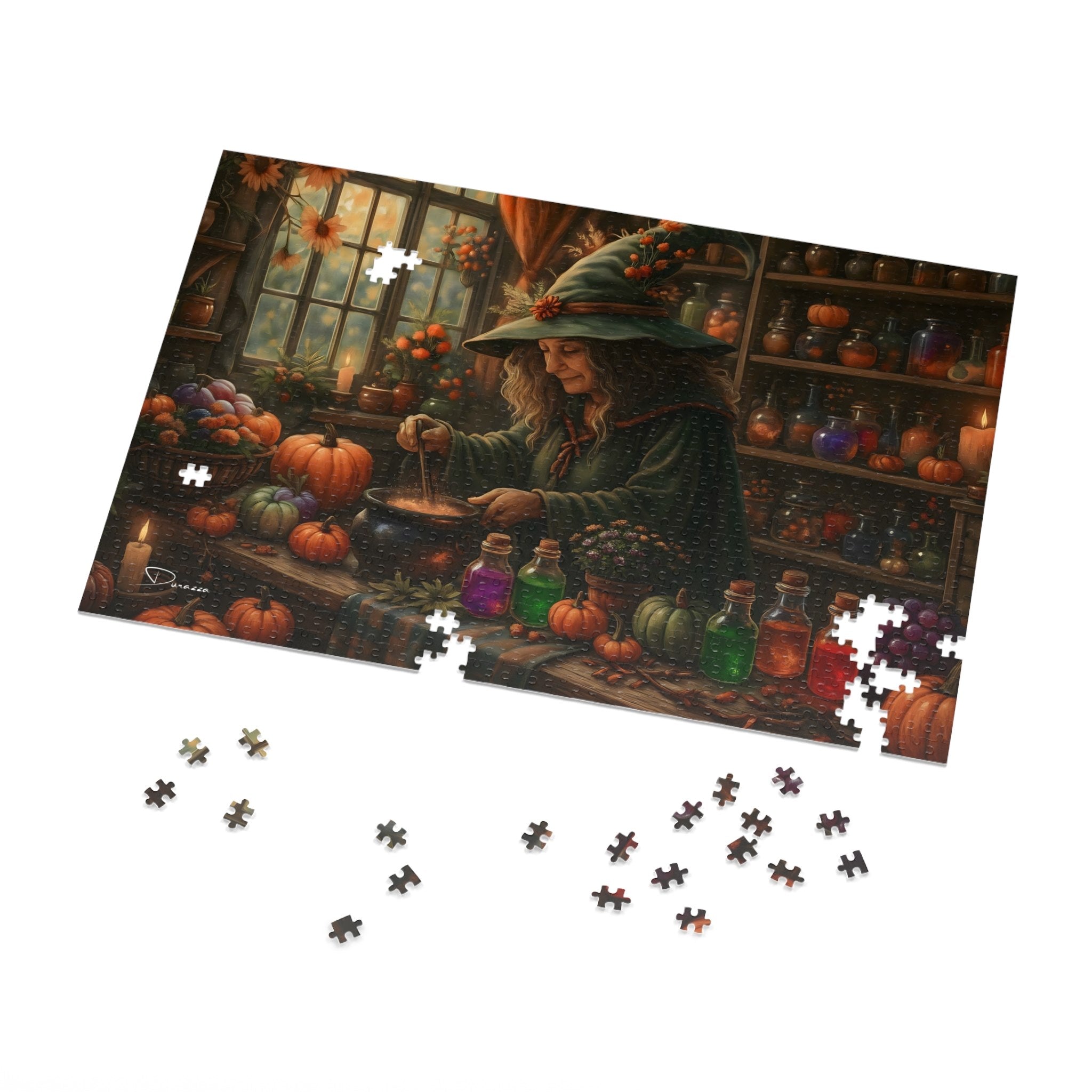 Jigsaw puzzle with a witch and potion-themed design on a white background