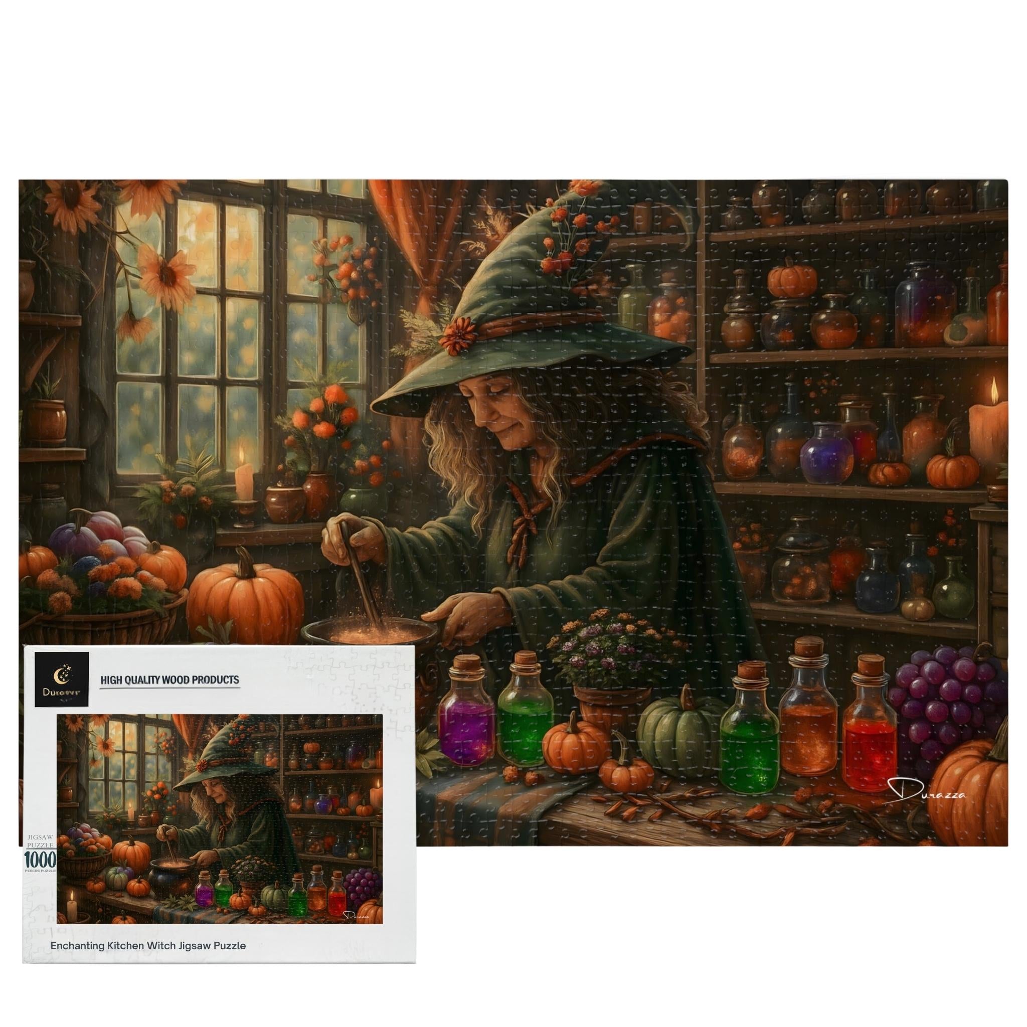 Autumn witch jigsaw puzzle with cozy kitchen scene, pumpkins, potions, herbs, and glowing candlelight.