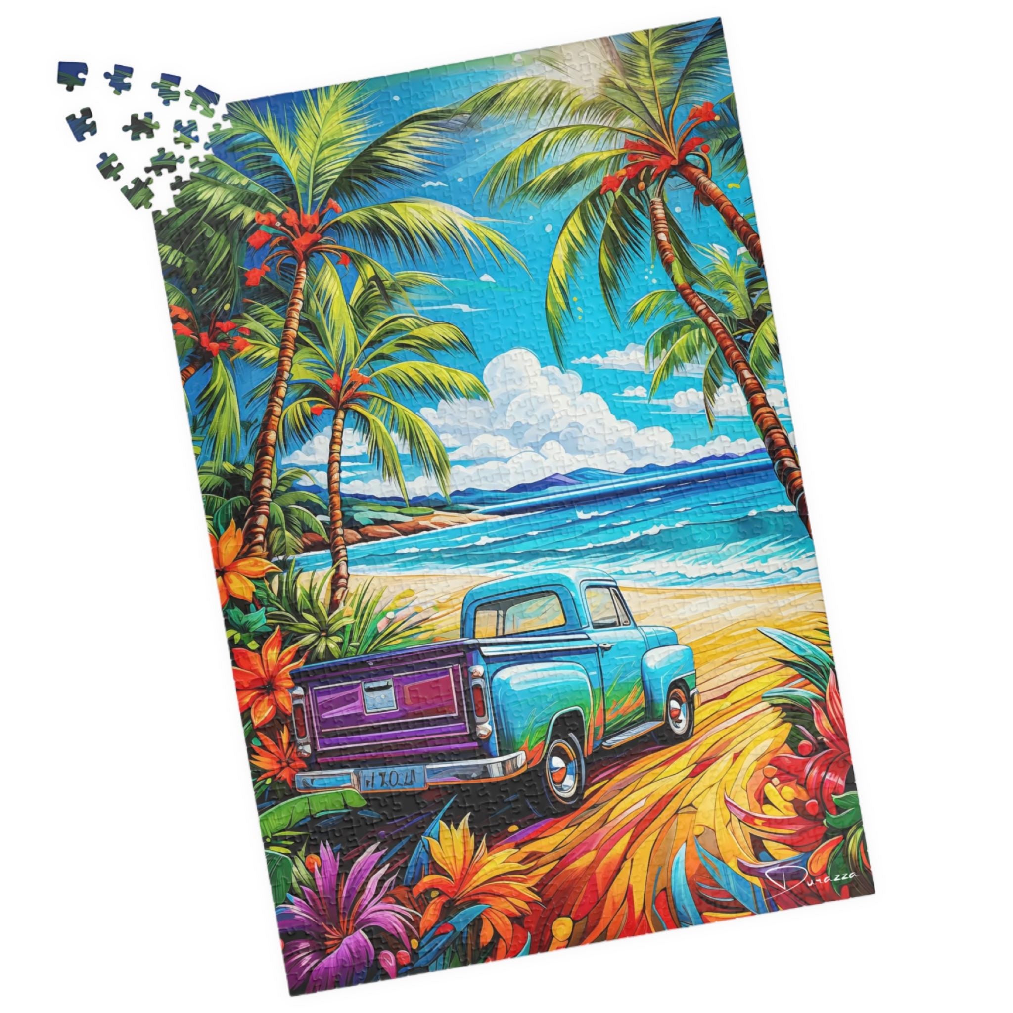Tropical beach scene with a blue truck on a jigsaw puzzle