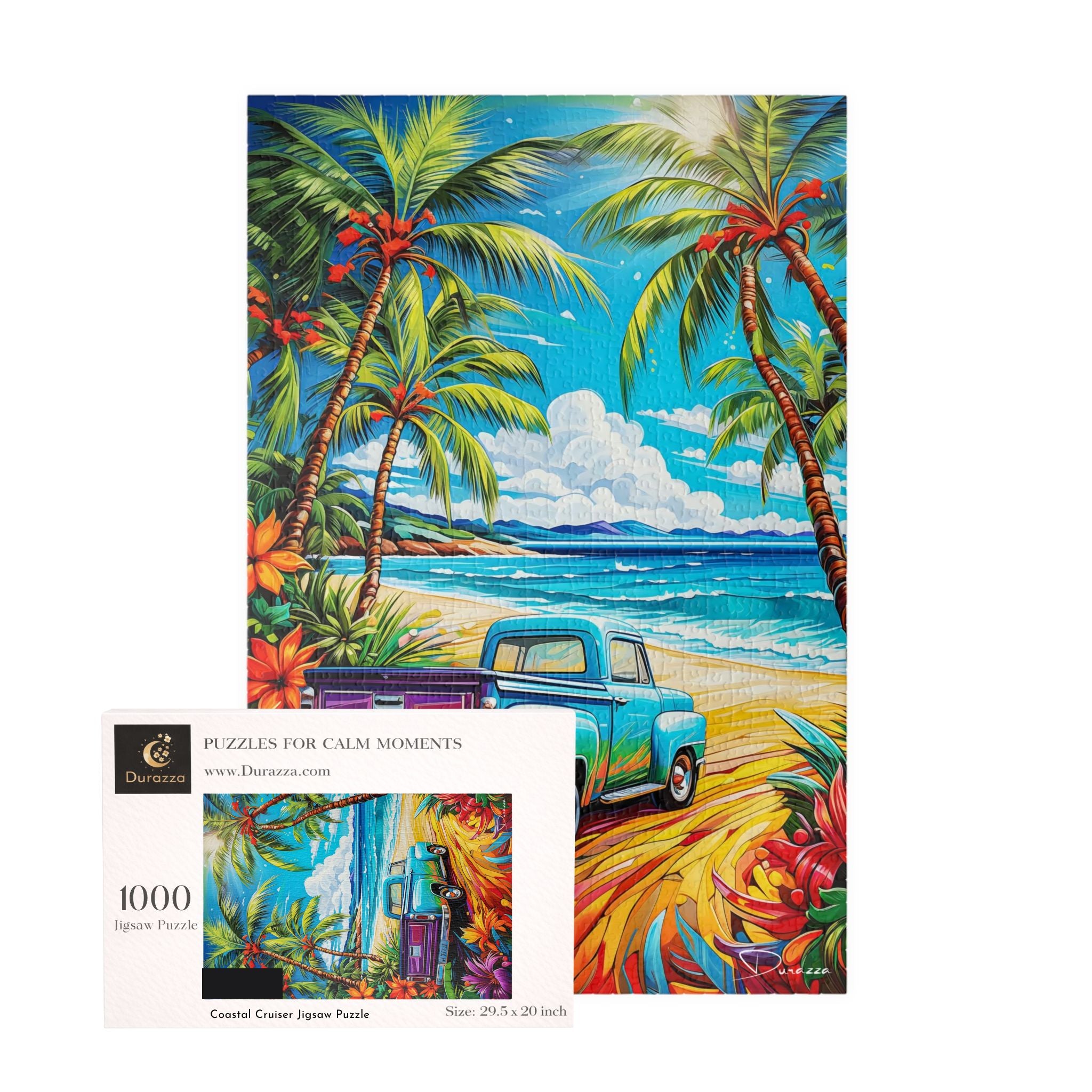 1000 piece Jigsaw puzzle tropical scene featuring palm trees, a blue truck, and Durazza packaging.