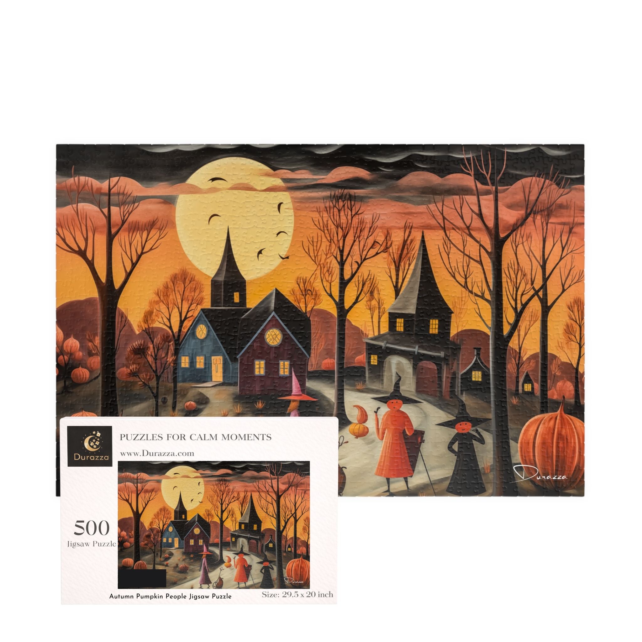 500 piece Halloween jigsaw puzzle with a scenic design of houses, pumpkins people, and Durazza box.