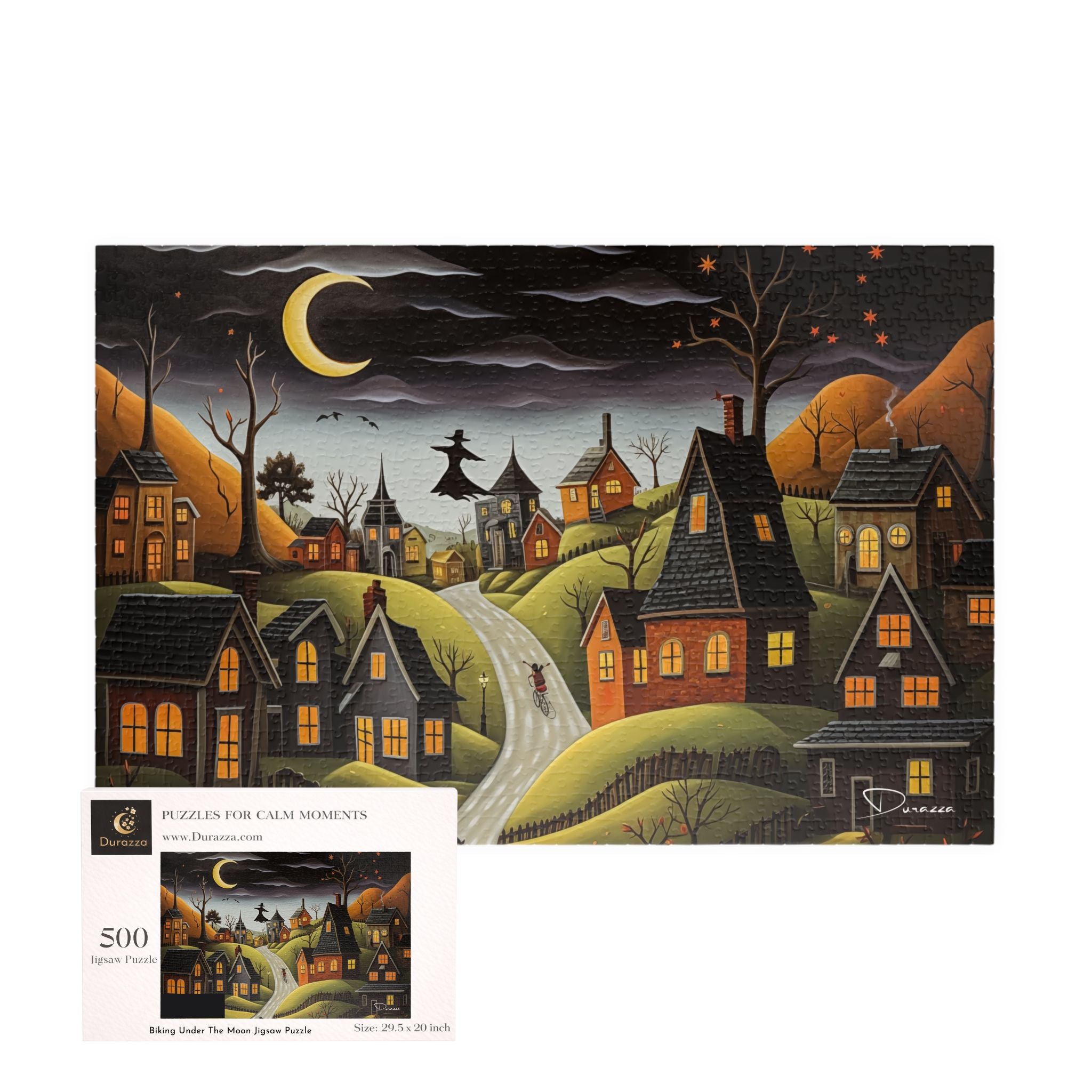 Halloween-themed puzzle featuring a village scene under a moonlit sky with a Durazza box.