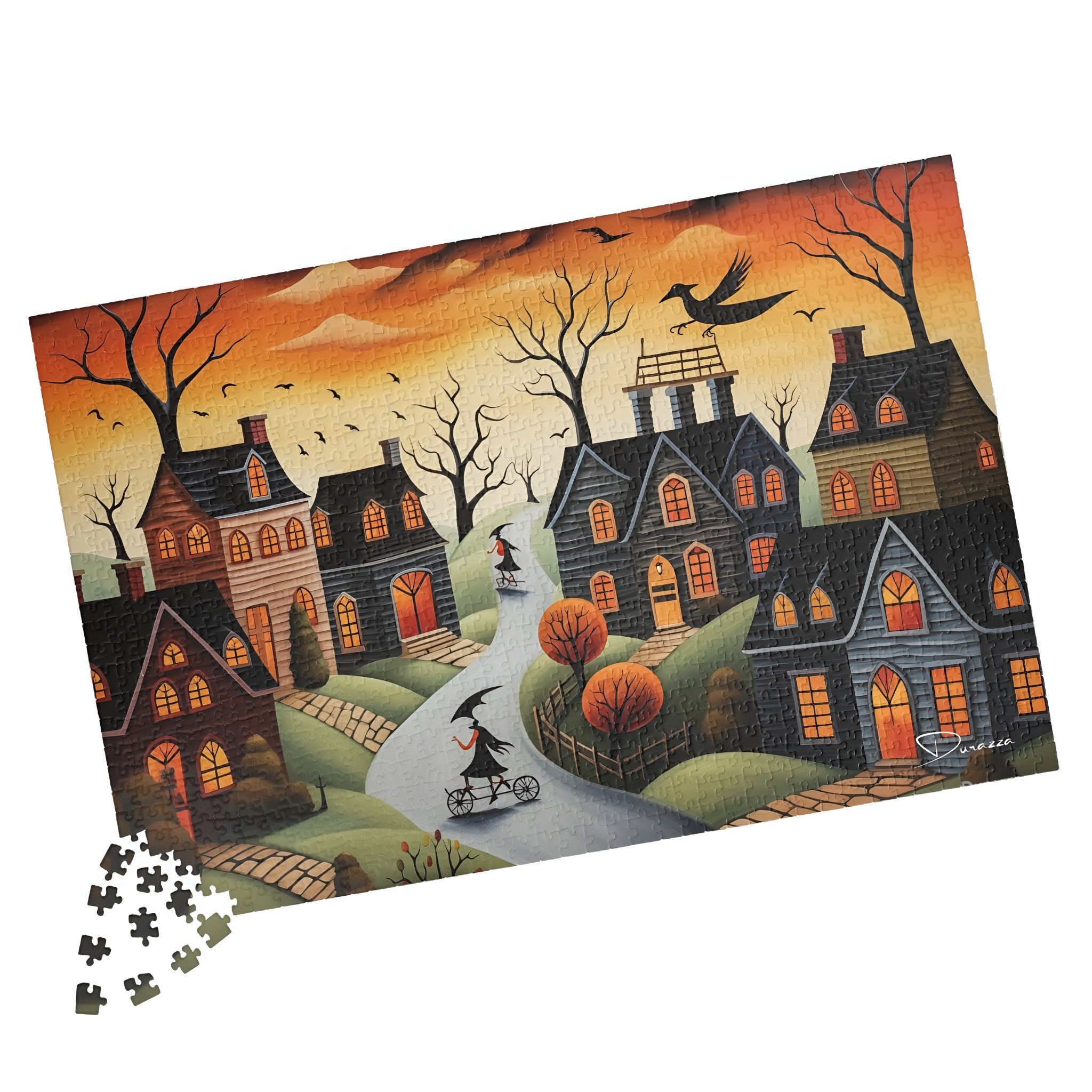 Halloween-themed jigsaw puzzle with houses and a witch on a broomstick